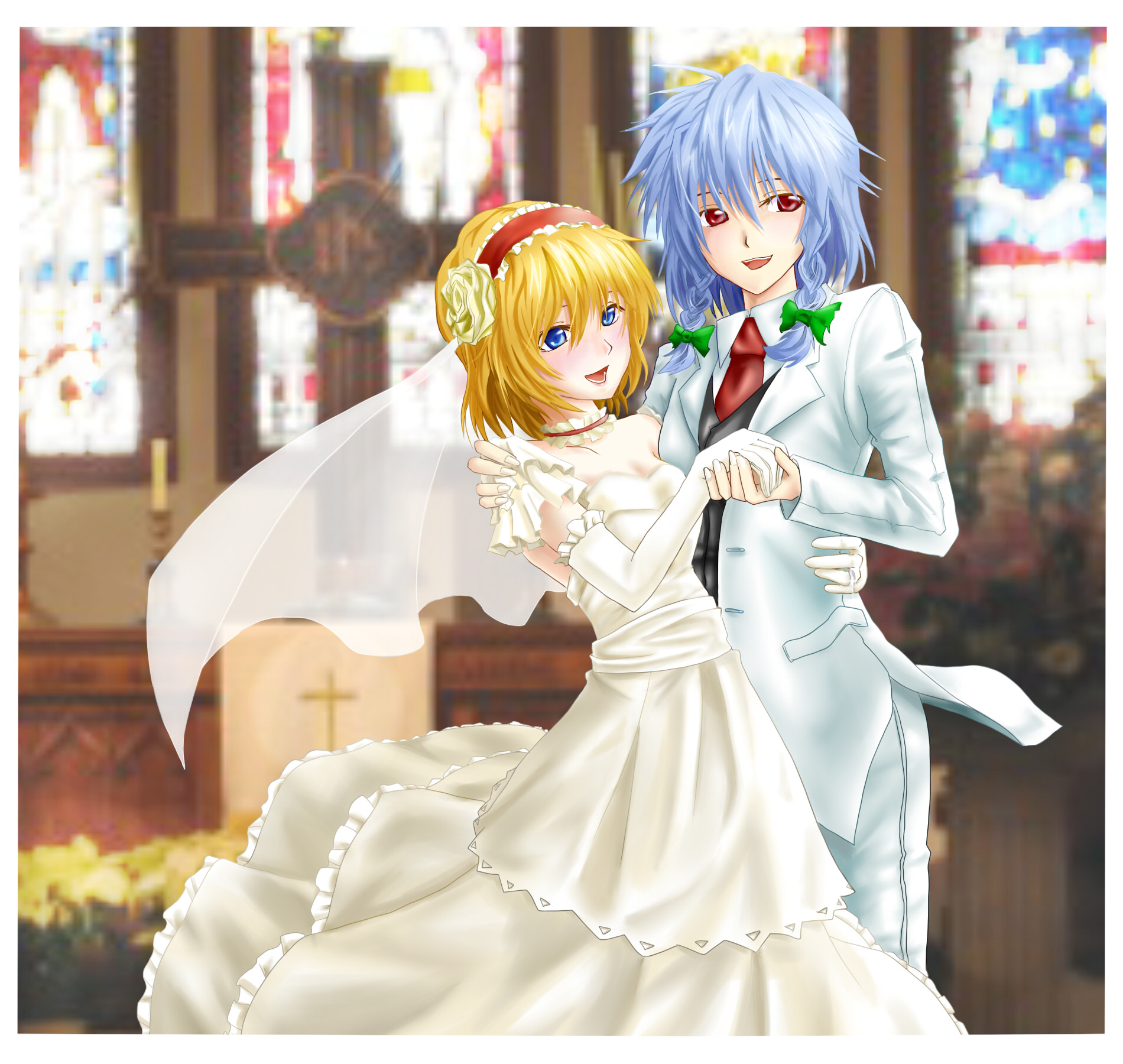 sen'yuu yuuji, alice margatroid, izayoi sakuya, touhou, highres, 2girls, bridal veil, bride, dress, elbow gloves, female focus, formal clothes, gloves, multiple girls, pant suit, pants, suit, veil, wedding, wedding dress, white suit, wife and wife, yuri