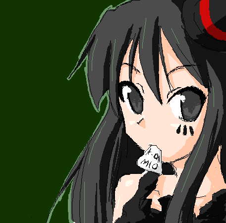 jari, akiyama mio, don't say "lazy", k-on!, lowres, 00s, 1girl, black hair, blunt bangs, facepaint, female focus, hime cut, oekaki, plectrum, simple background, solo