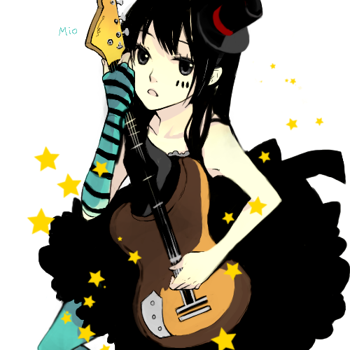 mig (36th underground), akiyama mio, don't say "lazy", k-on!, striped, bad id, bad pixiv id, lowres, 00s, 1girl, bass guitar, black hair, blue pantyhose, blunt bangs, facepaint, female focus, gothic lolita, hat, hime cut, instrument, lolita fashion, mini hat, mini top hat, pantyhose, solo, top hat