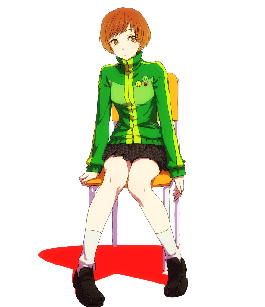 egawa satsuki, satonaka chie, atlus, persona, persona 4, 1girl, brown eyes, brown hair, female focus, jacket, short hair, simple background, sitting, skirt, solo