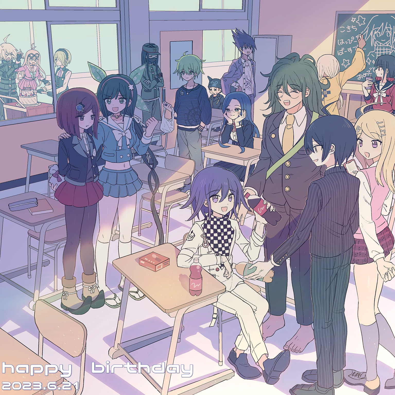 xiao (grsnss25), akamatsu kaede, amami rantaro, chabashira tenko, gokuhara gonta, harukawa maki, hoshi ryoma, iruma miu, k1-b0, momota kaito, oma kokichi, saihara shuichi, shinguji korekiyo, shirogane tsumugi, tojo kirumi, yonaga angie, yumeno himiko, danganronpa (series), danganronpa v3: killing harmony, commentary request, highres, 2023, 6+boys, 6+girls, ahoge, android, antenna hair, armor, beanie, black gloves, black hair, black jacket, black mask, blonde hair, blue eyes, blue hair, blunt bangs, blush, bottle, bow, bowtie, brown hair, brown jacket, brown pants, brown suit, buttons, chair, chalkboard, checkered clothes, checkered scarf, choker, classroom, collarbone, collared jacket, collared shirt, covered mouth, dated, desk, dress, everyone, facial hair, fake horns, flipped hair, formal clothes, fortissimo, gakuran, gem hair ornament, glasses, gloves, goatee, goggles, goggles on head, green eyes, green hair, grey hair, hair between eyes, hair ornament, hair over one eye, hair ribbon, hair scrunchie, hairband, happy, happy birthday, hat, holding, horned hat, horned headwear, horns, indoors, jacket, jewelry, layered skirt, long hair, long sleeves, low twintails, mask, mouth mask, multiple boys, multiple girls, musical note, musical note hair ornament, musical note print, necklace, necktie, on chair, open clothes, open mouth, pants, pantyhose, pink hairband, pink serafuku, pink shirt, pink sweater vest, pink vest, pinstripe jacket, pinstripe pants, pinstripe pattern, pleated skirt, pointy boots, power armor, print shirt, purple eyes, purple hair, raincoat, red eyes, red hair, red scrunchie, red shirt, red skirt, ribbon, round eyewear, sailor collar, scarf, school desk, school uniform, scrunchie, serafuku, shirt, short hair, short male, sitting, skirt, smile, soda bottle, spiked hair, standing, striped clothes, striped jacket, striped shirt, suit, sunlight, sweater vest, twintails, two-tone scarf, vest, white bow, white bowtie, white hair, white shirt, yellow raincoat