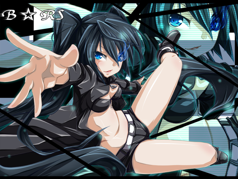 yukinon, yukinon (tsuki koubou), black rock shooter (character), black rock shooter, 10s, 1girl, bikini, bikini top only, black hair, blue eyes, denim, denim shorts, female focus, long hair, midriff, scar, shoes, shorts, solo, swimsuit, twintails, zoom layer