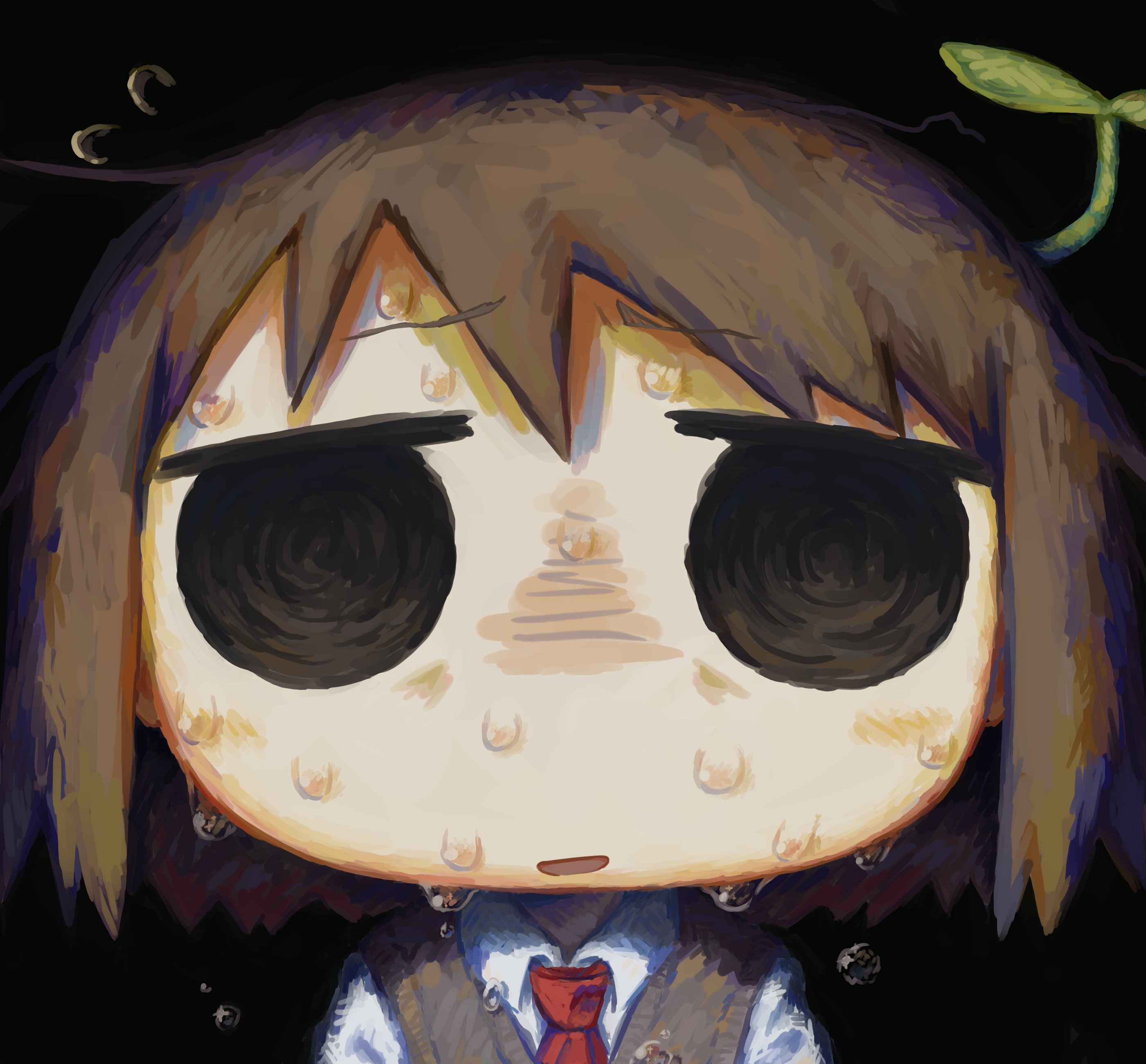 xuwq1h, original, absurdres, highres, 1girl, black background, black eyes, brown hair, collared shirt, dripping, jitome, necktie, nervous, nervous sweating, no nose, portrait, red necktie, shirt, simple background, solid eyes, solo, sprout on head, sweat, sweater vest, white shirt
