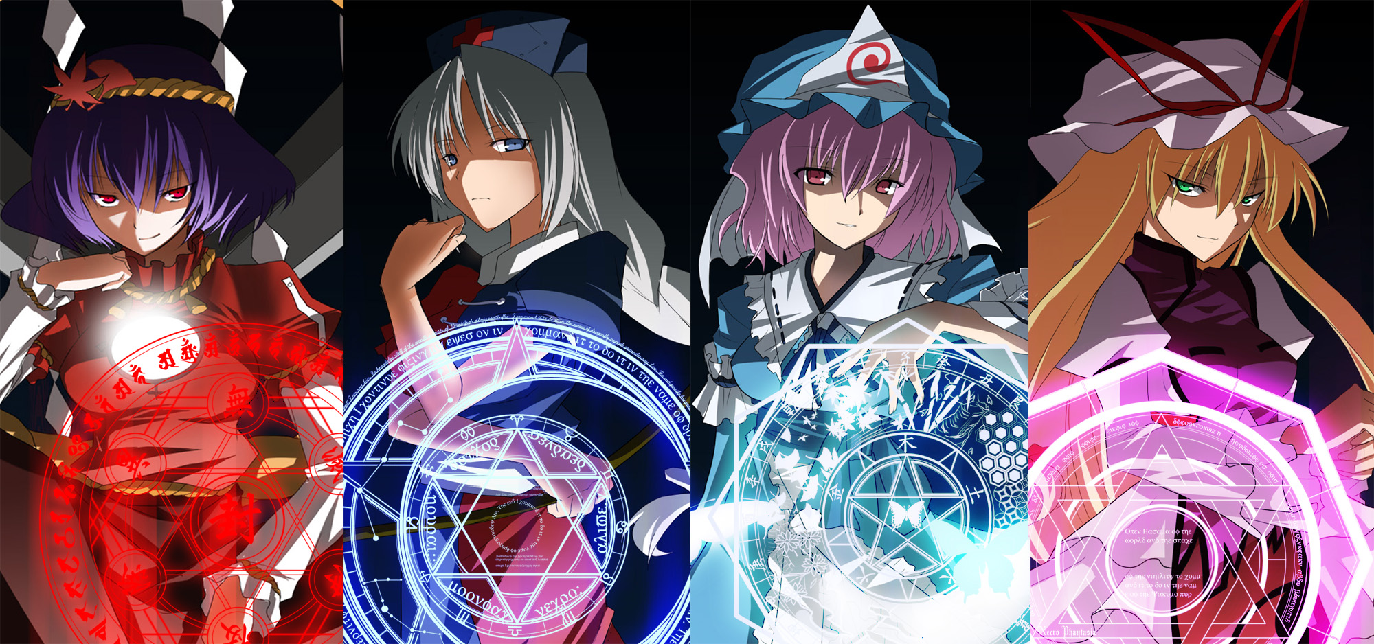 kasu kazu, saigyouji yuyuko, yagokoro eirin, yakumo yukari, yasaka kanako, touhou, silver hair, highres, long image, partially translated, translation request, wide image, 4girls, alternate eye color, aquarius (symbol), aries (symbol), blonde hair, blue eyes, braid, cancer (symbol), capricorn (symbol), female focus, gemini (symbol), greek text, green eyes, hat, head rest, hexagram, leo (symbol), libra (symbol), long hair, magic circle, multiple girls, pentagram, pink hair, pisces (symbol), purple hair, ranguage, red eyes, sagittarius (symbol), scorpio (symbol), scorpius (constellation), short hair, siddham, single braid, smile, smirk, tareme, taurus (symbol), tsurime, virgo (symbol)