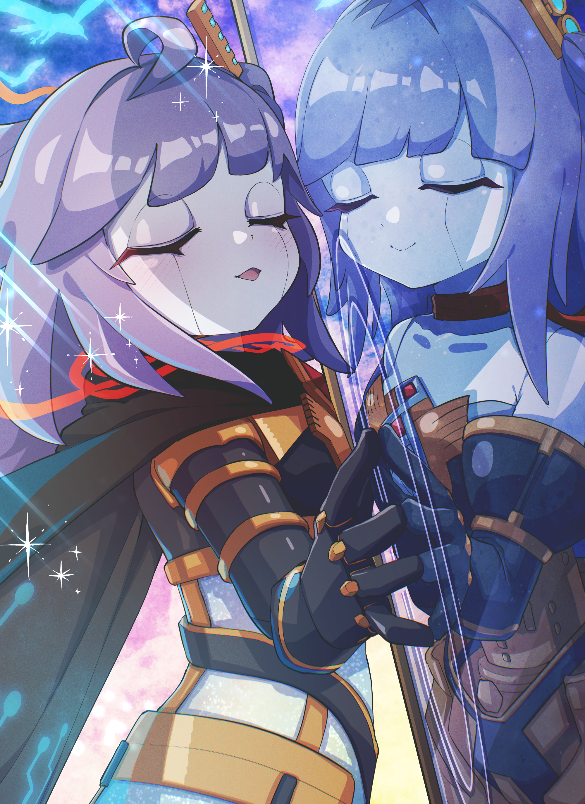 c civciv, galatea the orcust automaton, ib (yu-gi-oh!), yu-gi-oh!, absurdres, highres, 2girls, ahoge, bird, black cape, blush, cape, closed mouth, collarbone, duel monster, galatea-i the orcust automaton, humanoid robot, long hair, multiple girls, open mouth, purple hair, robot, robot girl, smile