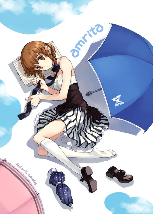piv, tiv, original, 1girl, bow, braid, breasts, brown eyes, brown hair, cleavage, feet, female focus, kneehighs, lace, legs, long hair, lying, on side, ribbon, shoes, single shoe, skirt, socks, solo, thighhighs, umbrella, zettai ryouiki