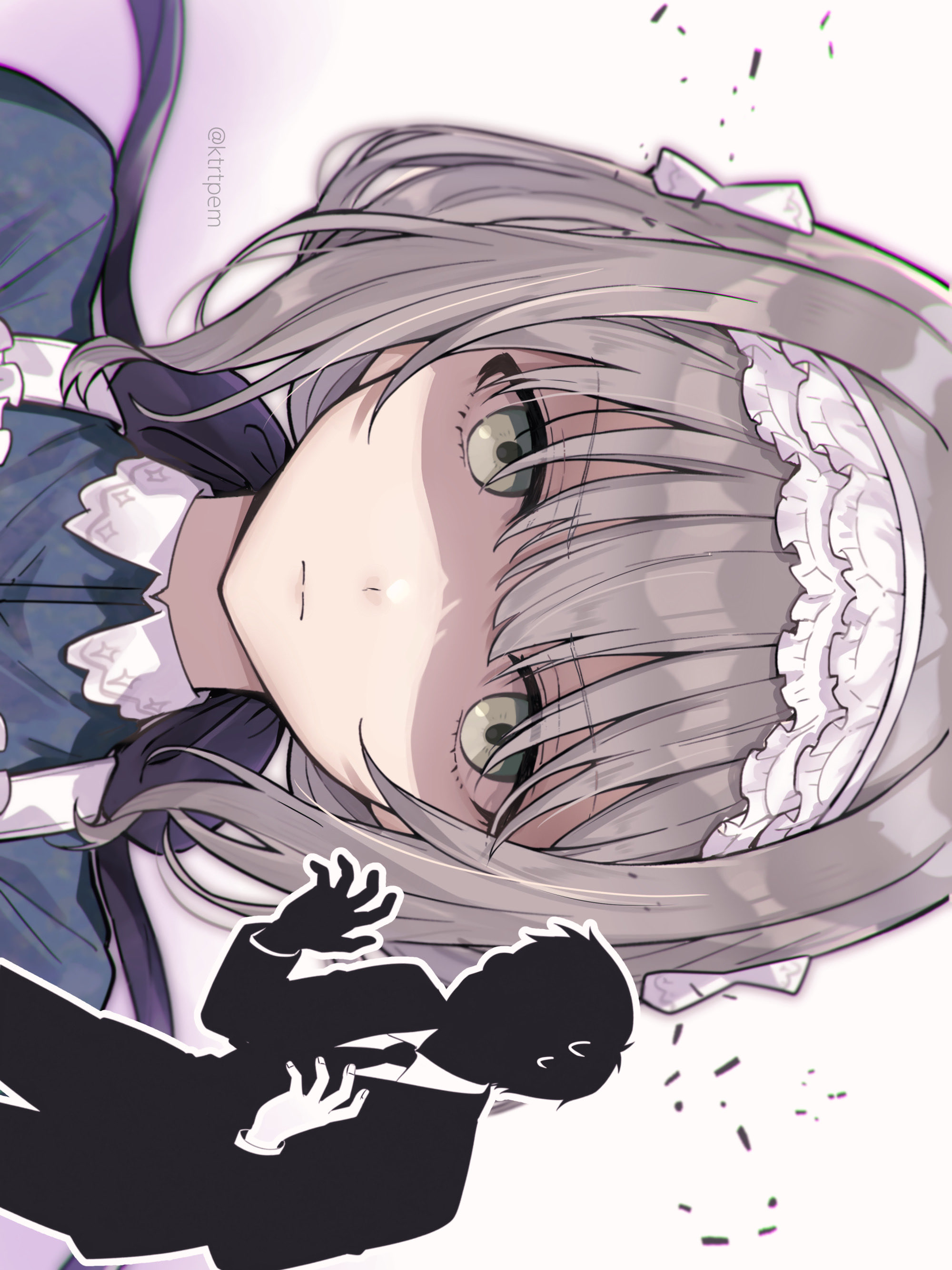 producer (idolmaster), gakuen idolmaster, idolmaster, absurdres, commentary request, highres, 1boy, 1girl, chromatic aberration, closed mouth, green eyes, grey hair, hairband, hiwatari kanae, ktrtpem, looking at viewer, shaded face, short hair, sideways, twitter username, white hairband