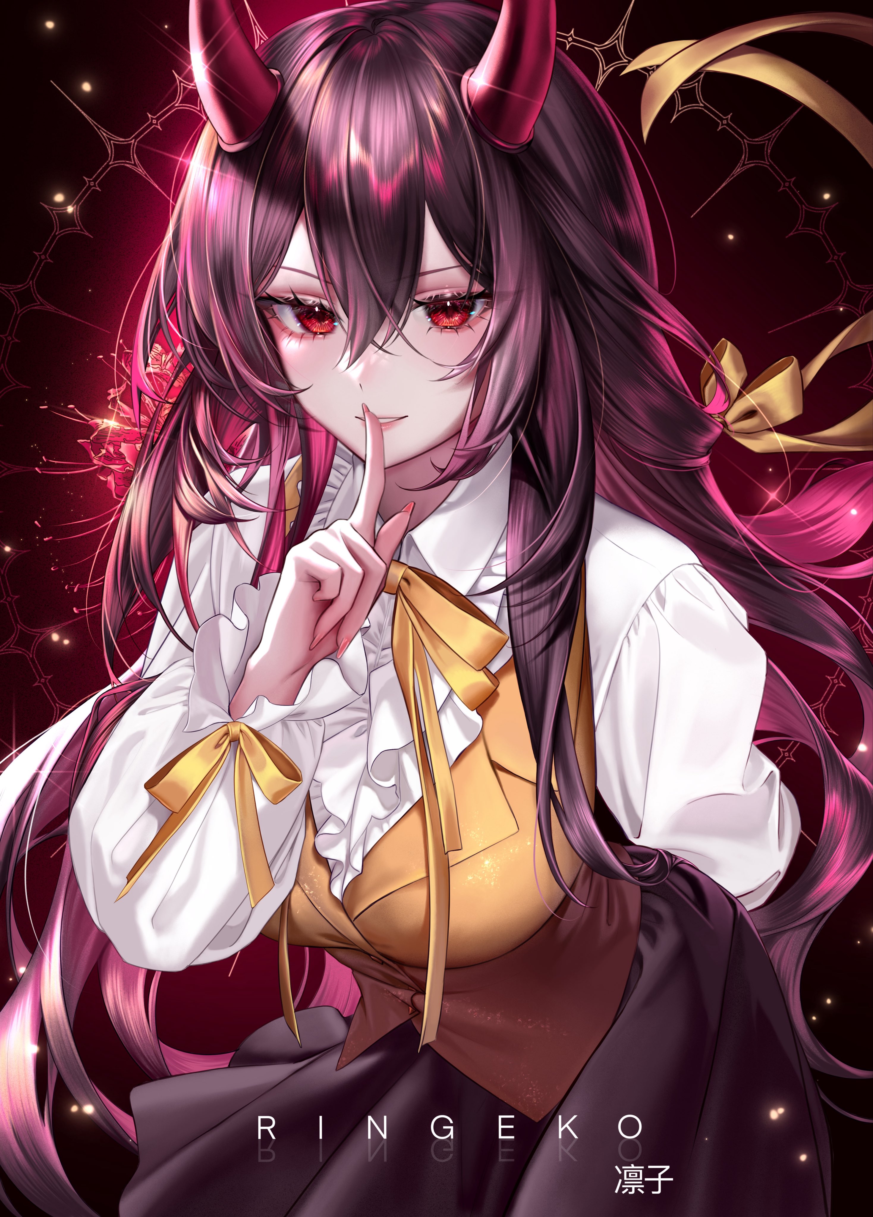ringeko-chan, original, absurdres, commentary, commission, highres, symbol-only commentary, 1girl, artist name, ascot, breasts, finger to mouth, fingernails, hair between eyes, hand up, horns, large breasts, leaning forward, long fingernails, long hair, long sleeves, looking at viewer, parted lips, purple hair, purple skirt, red eyes, red horns, shirt, shushing, skirt, smile, solo, very long hair, vest, white ascot, white shirt, yellow vest