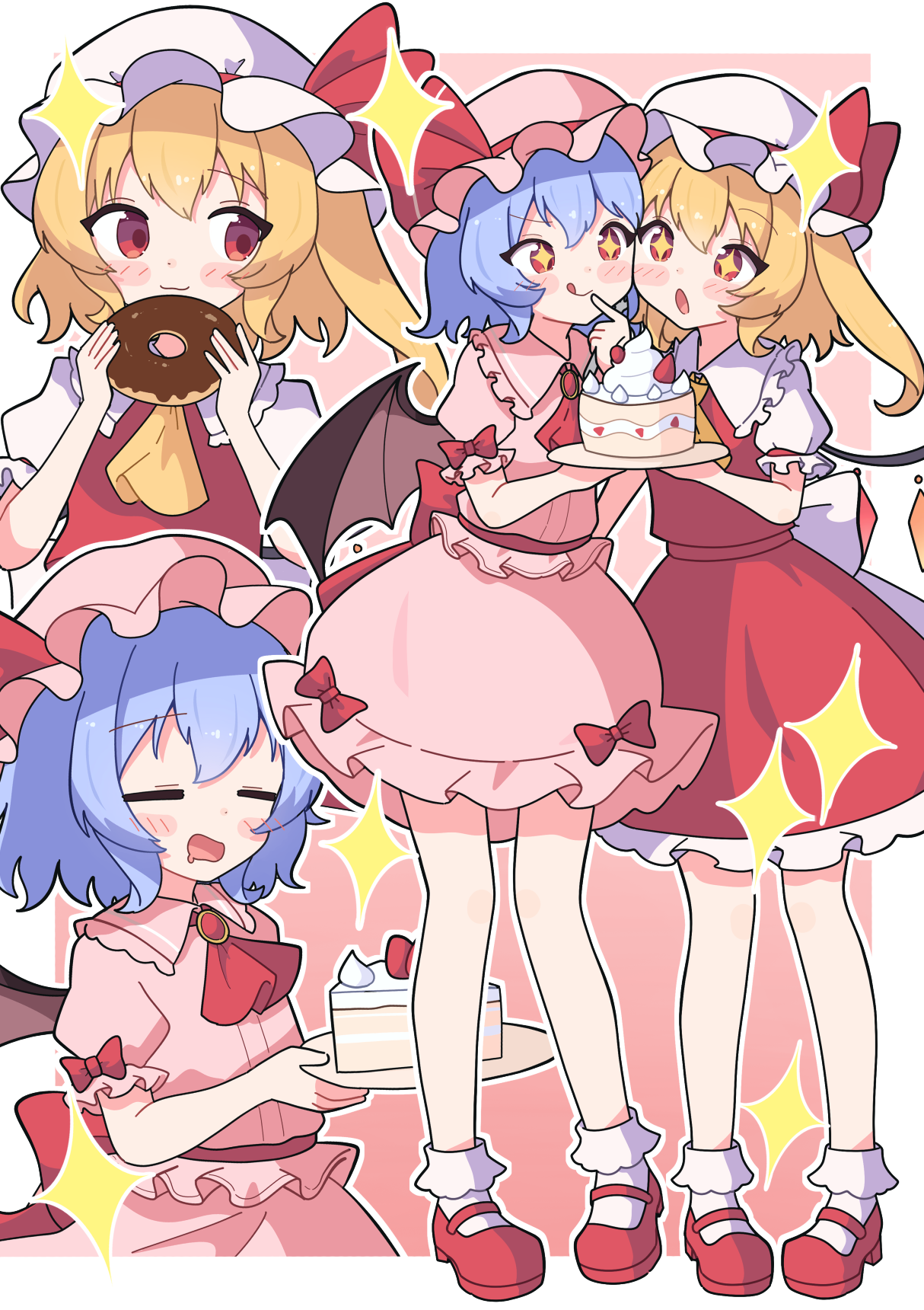 masakamea, flandre scarlet, remilia scarlet, touhou, commentary request, commission, highres, skeb commission, + +, 2girls, :o, :q, = =, bat wings, blonde hair, blue hair, blush, bobby socks, border, bow, cake, chocolate donut, crystal wings, donut, drooling, food, frilled hat, frilled sailor collar, frilled sleeves, frills, hair bow, hat, hat ribbon, heads together, holding, holding food, looking at food, mary janes, mob cap, mouth drool, multiple girls, multiple views, one side up, outline, petticoat, pink hat, pink shirt, pink skirt, puffy short sleeves, puffy sleeves, red bow, red ribbon, red shoes, red skirt, red vest, ribbon, sailor collar, shirt, shoes, short sleeves, siblings, sisters, skirt, skirt set, smile, socks, sparkle, strawberry cake, tongue, tongue out, vest, white border, white hat, white outline, white shirt, white socks, wings