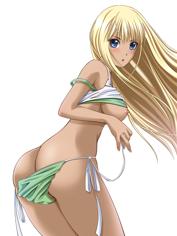 chiro, bad id, bad pixiv id, character request, source request, 1girl, ass, blonde hair, blue eyes, blush, breasts, clothes lift, female focus, from behind, long hair, looking at viewer, looking back, nipples, open mouth, panties, panty pull, shirt lift, side-tie panties, simple background, solo, strap slip, tan, underwear, white background