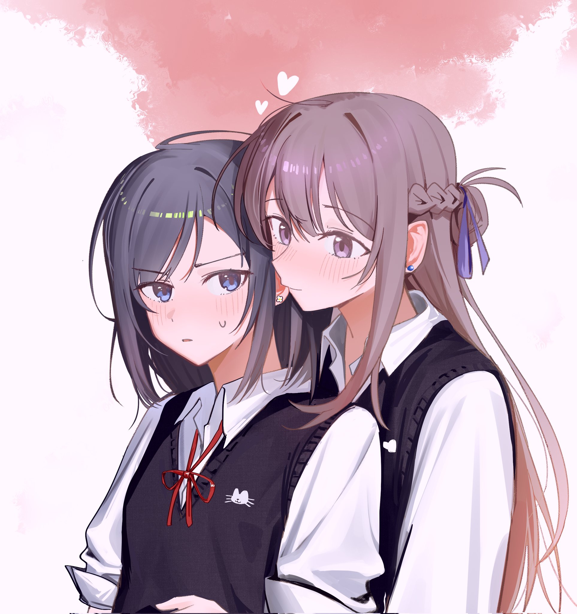 haidao mao, miyagi shiori, sendai hazuki, shuuniichido classmate wo kau hanashi, commentary, hashtag-only commentary, highres, 2girls, black sweater, blue eyes, blue ribbon, blush, braid, brown hair, collared shirt, grey hair, hair ribbon, half up braid, heart, long hair, medium hair, multiple girls, neck ribbon, open mouth, purple hair, red ribbon, ribbon, school uniform, shirt, sleeves rolled up, sweater, three-quarter sleeves, white shirt, yuri