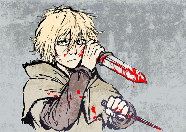 thorfinn, vinland saga, 1boy, blonde hair, blood, dagger, knife, male focus, manly, reverse grip, short hair, solo, weapon