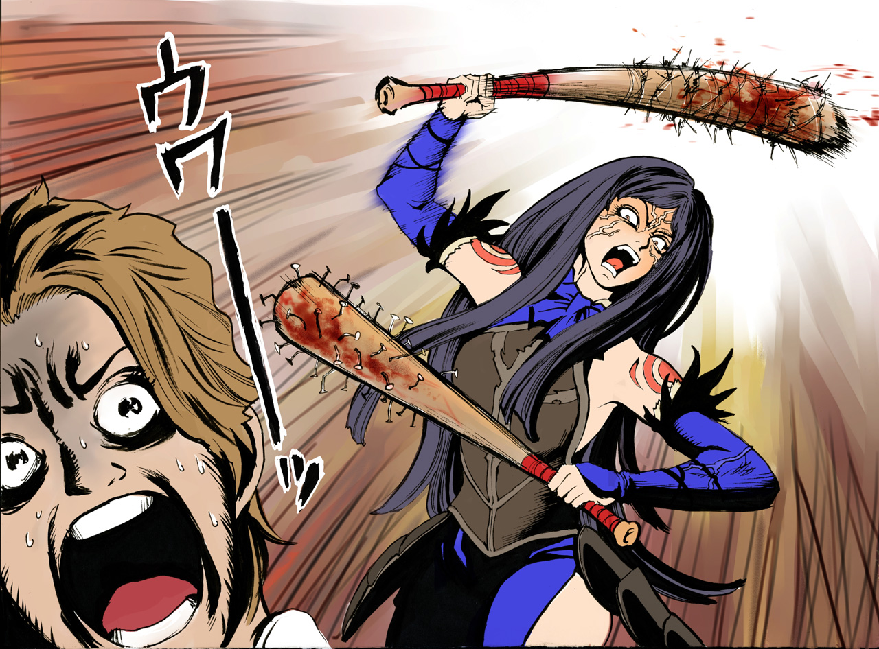 hayadai, albus, albus (castlevania), shanoa (castlevania), castlevania: order of ecclesia, castlevania (series), konami, bad id, bad pixiv id, 1boy, 1girl, angry, bare shoulders, baseball bat, black hair, blonde hair, blood, constricted pupils, creepy, dual wielding, feathers, furious, holding, horror (theme), long hair, motion blur, nail (hardware), nail bat, open mouth, parody, screaming, short hair, style parody, sweat, tattoo, turn pale, veins, very long hair, weapon, what