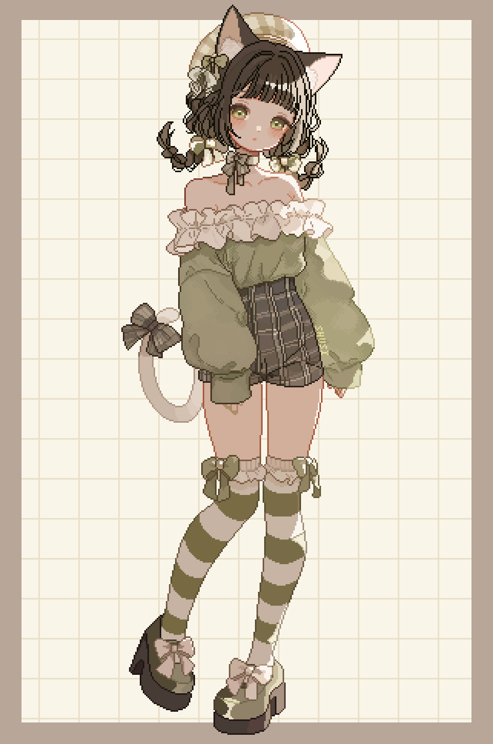 shusi (6muuu3), original, commentary, highres, 1girl, animal ear fluff, animal ears, beret, blunt bangs, blush, border, bow, bow legwear, braid, brown hair, cat ears, cat girl, cat tail, choker, closed mouth, collarbone, frills, full body, green bow, green choker, green eyes, green shoes, green thighhighs, hat, long hair, long sleeves, looking at viewer, off-shoulder shirt, off shoulder, outside border, pixel art, ribbon choker, shirt, shoes, skirt, solo, striped clothes, striped thighhighs, tail, thighhighs
