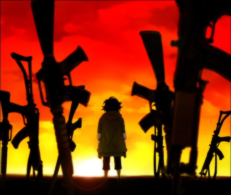 kiri (0925kiri), setsuna f. seiei, gundam, gundam 00, 00s, 1boy, aged down, assault rifle, black hair, from behind, graveyard, gun, hood, hoodie, imi galil, m16, m16a2, male focus, planted, rifle, short hair, solo, standing, sunset, weapon