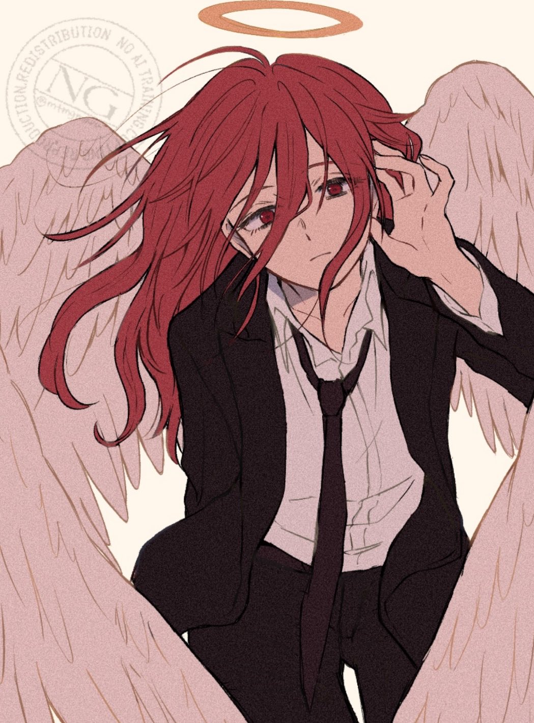 mtmgmaru, angel devil (chainsaw man), chainsaw man, commentary request, highres, 1boy, angel, angel wings, black necktie, black suit, closed mouth, collared shirt, formal clothes, grey background, hair between eyes, halo, hand up, long hair, long hair between eyes, long sleeves, looking at viewer, male focus, necktie, red eyes, red hair, shirt, simple background, solo, suit, traditional halo, watermark, white shirt, white wings, wings