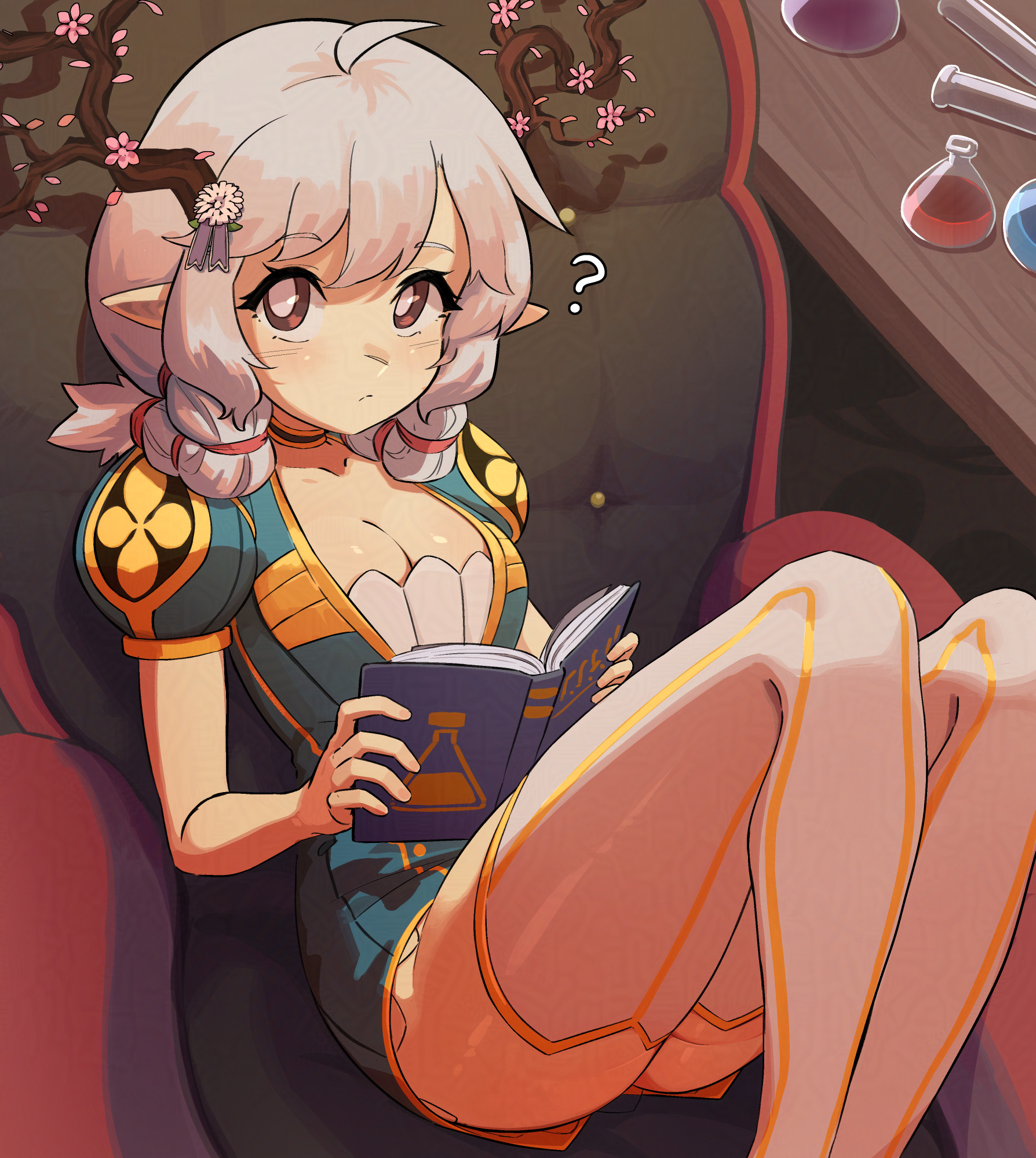 suweeka, original, commentary, english commentary, highres, paid reward available, 1girl, ?, ahoge, antlers, beaker, book, braid, breasts, bright pupils, brown eyes, chair, cleavage, closed mouth, dress, eyelashes, flower, green dress, grey hair, hair ribbon, holding, holding book, horns, linkur (suweeka), looking at viewer, open book, pink flower, pointy ears, puffy short sleeves, puffy sleeves, ribbon, short sleeves, sitting, solo, test tube, thighhighs, twin braids, white pupils, white thighhighs