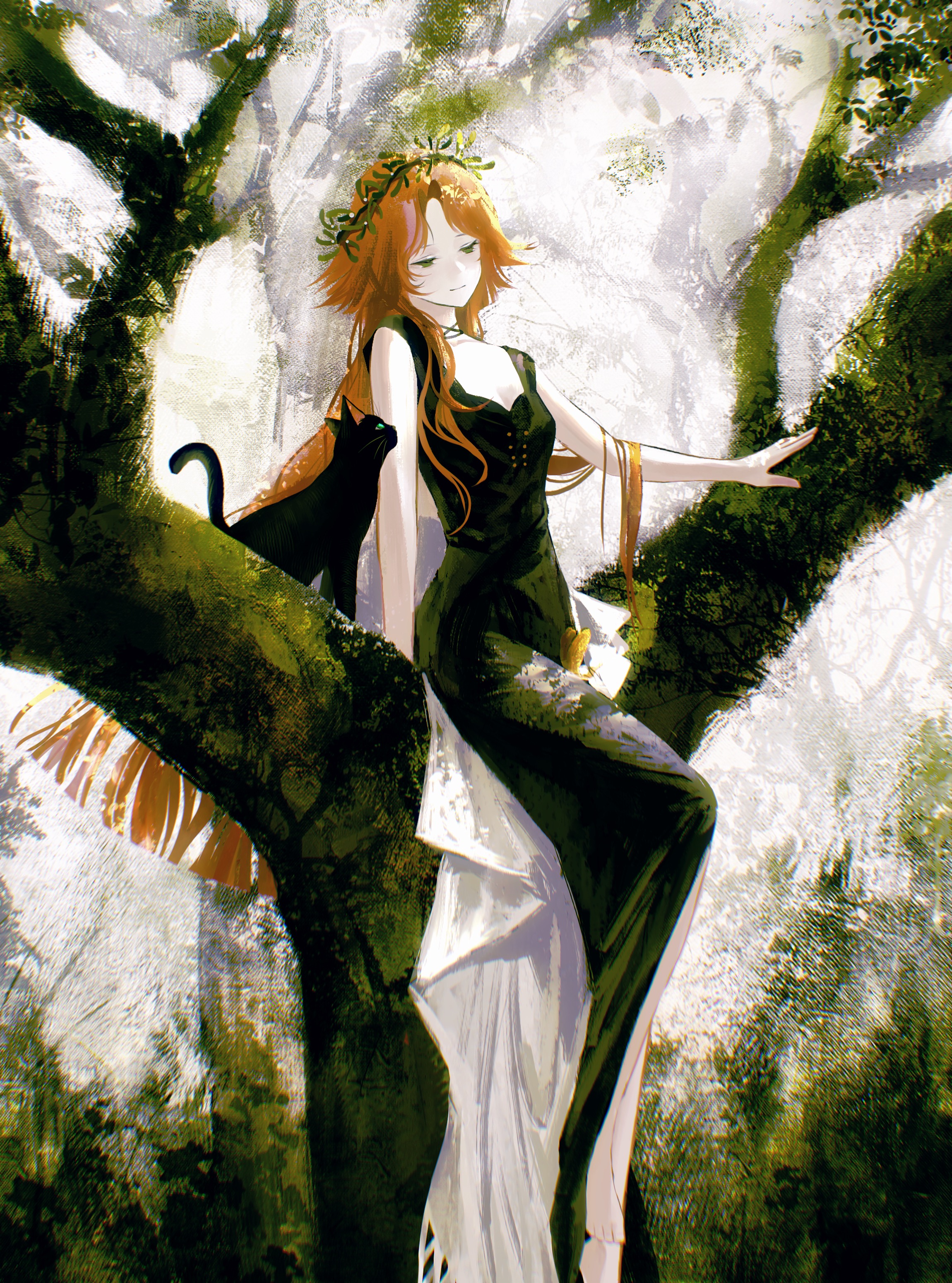 xiao xiazi, druvis iii, reverse:1999, absurdres, highres, 1girl, bare arms, bare shoulders, barefoot, black cat, black dress, cat, closed mouth, dress, foot out of frame, forest, green eyes, hair ornament, half-closed eyes, in tree, leaf hair ornament, long dress, long hair, nature, orange hair, sitting, sitting in tree, sitting on branch, smile, solo, tree, very long hair