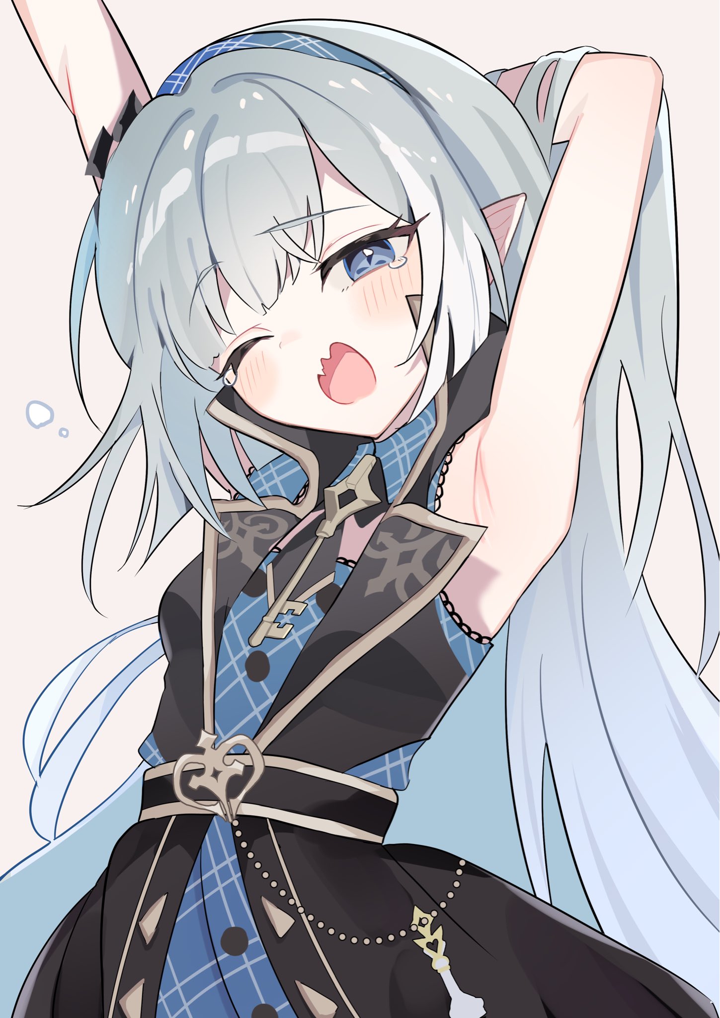 utakapen, female tyrant (stella sora), stella sora, commentary, highres, 1girl, armpits, bare arms, belt, black belt, black dress, black necktie, blue dress, blue eyes, blue hairband, buttons, checkered clothes, checkered dress, checkered hairband, chess piece, coat dress, collared dress, dress, extra pupils, grey hair, hairband, jewelry, key, key necklace, light blush, long hair, necklace, necktie, one eye closed, pointy ears, short necktie, simple background, sleepy, solo, squeans, stretching, tearing up, tyrant (stella sora), very long hair, white background, yawning
