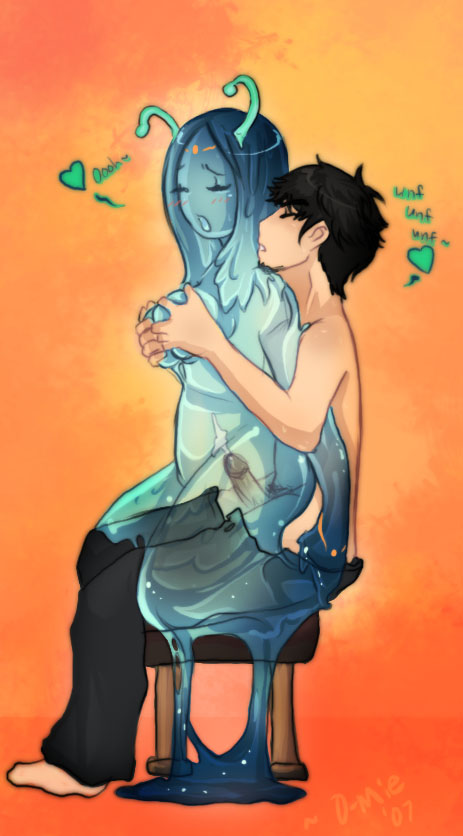 omie, anal, antennae, blue skin, breasts, clothes pull, colored skin, cum, cum in ass, girl on top, grabbing another's breast, groping, heart, hetero, moaning, monster, monster girl, pants, pants pull, penis, sex, slime girl, text focus, topless female, uncensored