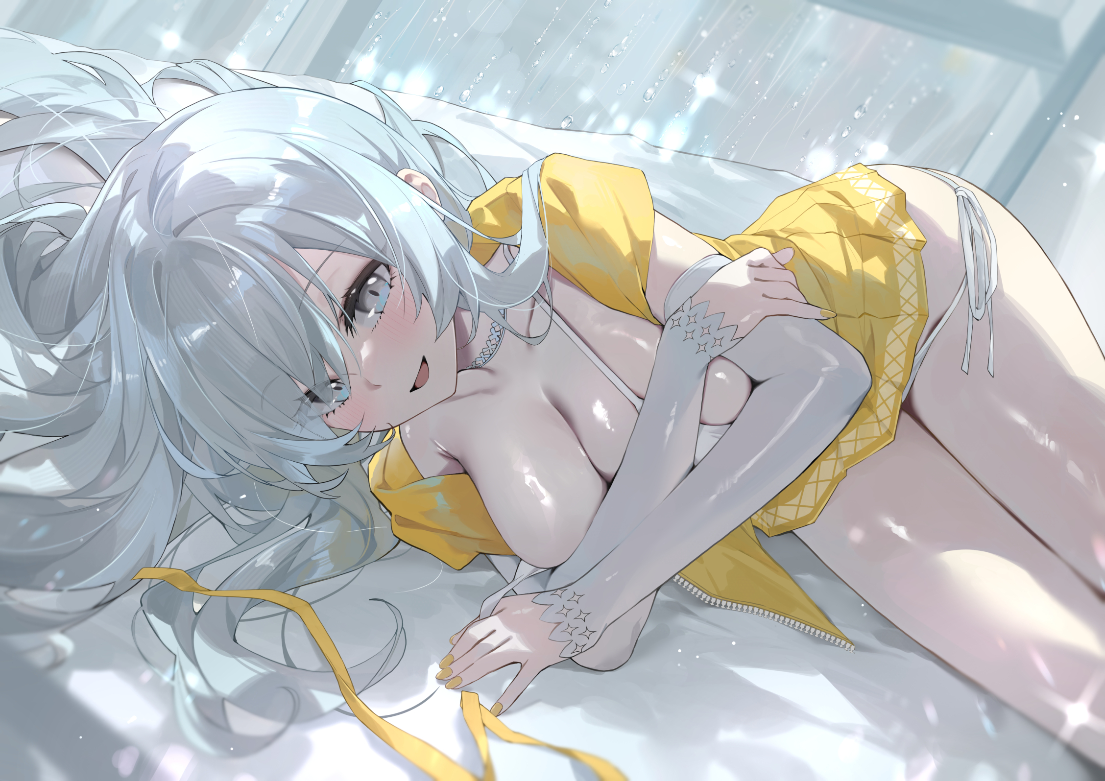 dema hmw, lost sword: tales of britania, commentary, english commentary, highres, 1girl, bikini, blush, breasts, cleavage, collarbone, covering breasts, covering privates, detached sleeves, dian cecht (lost sword), grey eyes, hair between eyes, hair spread out, hand on own arm, jacket, large breasts, lens flare, light particles, long hair, looking at viewer, lying, nail polish, official alternate costume, on side, open mouth, short sleeves, side-tie bikini bottom, smile, solo, sparkle, strap slip, string bikini, swimsuit, thighs, unzipped, very long hair, white bikini, white hair, window, yellow jacket, yellow nails