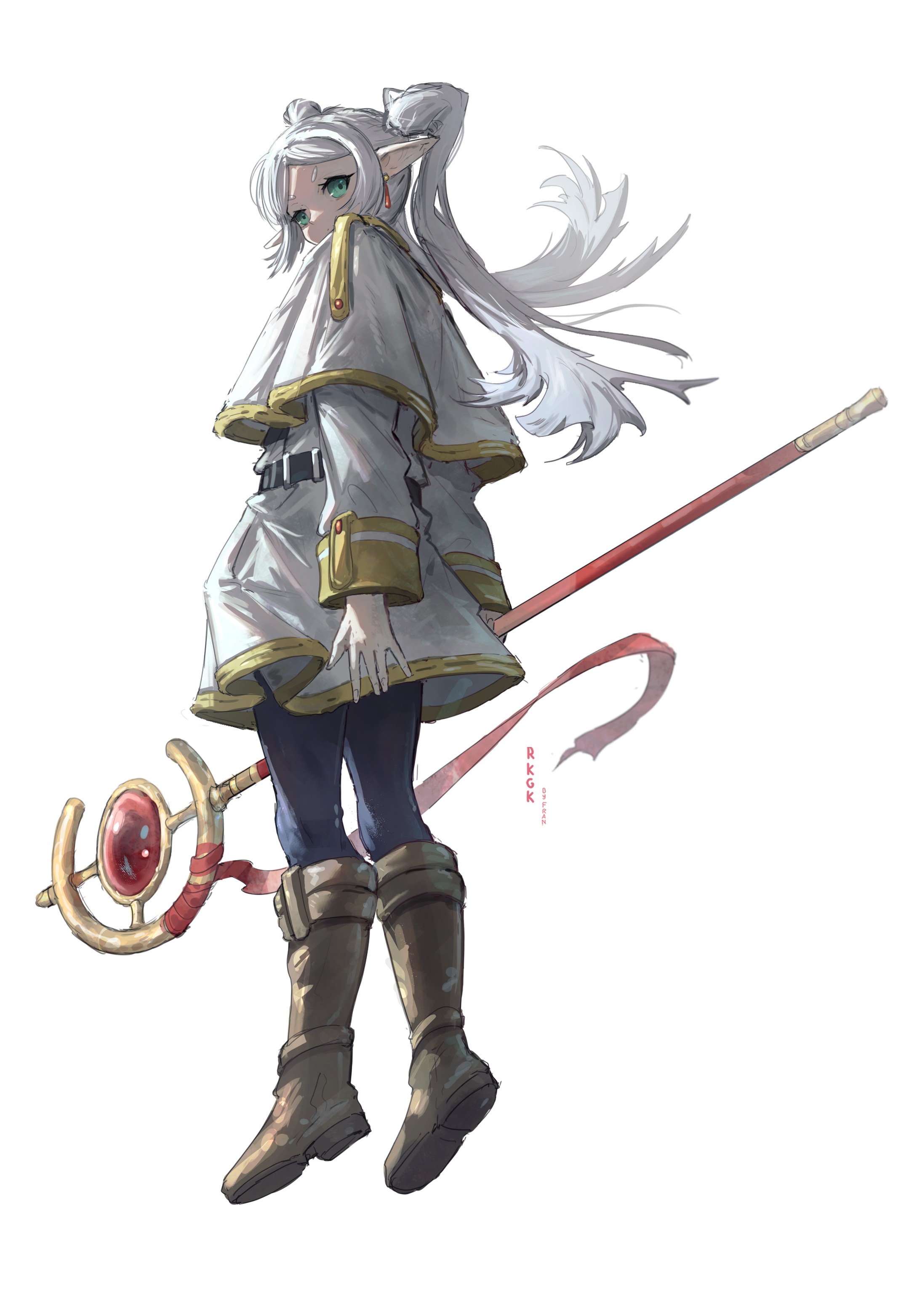 franlol, frieren, sousou no frieren, absurdres, commentary, highres, 1girl, artist name, belt, black belt, black pantyhose, boots, brown boots, capelet, elf, from below, full body, green eyes, holding, holding staff, long hair, long sleeves, looking at viewer, mage staff, pantyhose, parted bangs, pointy ears, shirt, simple background, skirt, solo, staff, standing, thick eyebrows, twintails, white background, white capelet, white hair, white shirt, white skirt