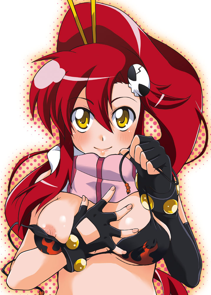 suika soda, yoko littner, tengen toppa gurren lagann, 00s, 1girl, bikini, bikini top only, blush, breasts, female focus, fingerless gloves, gloves, hair ornament, medium breasts, nipple slip, nipples, ponytail, red hair, scarf, solo, striped clothes, striped scarf, swimsuit, yellow eyes