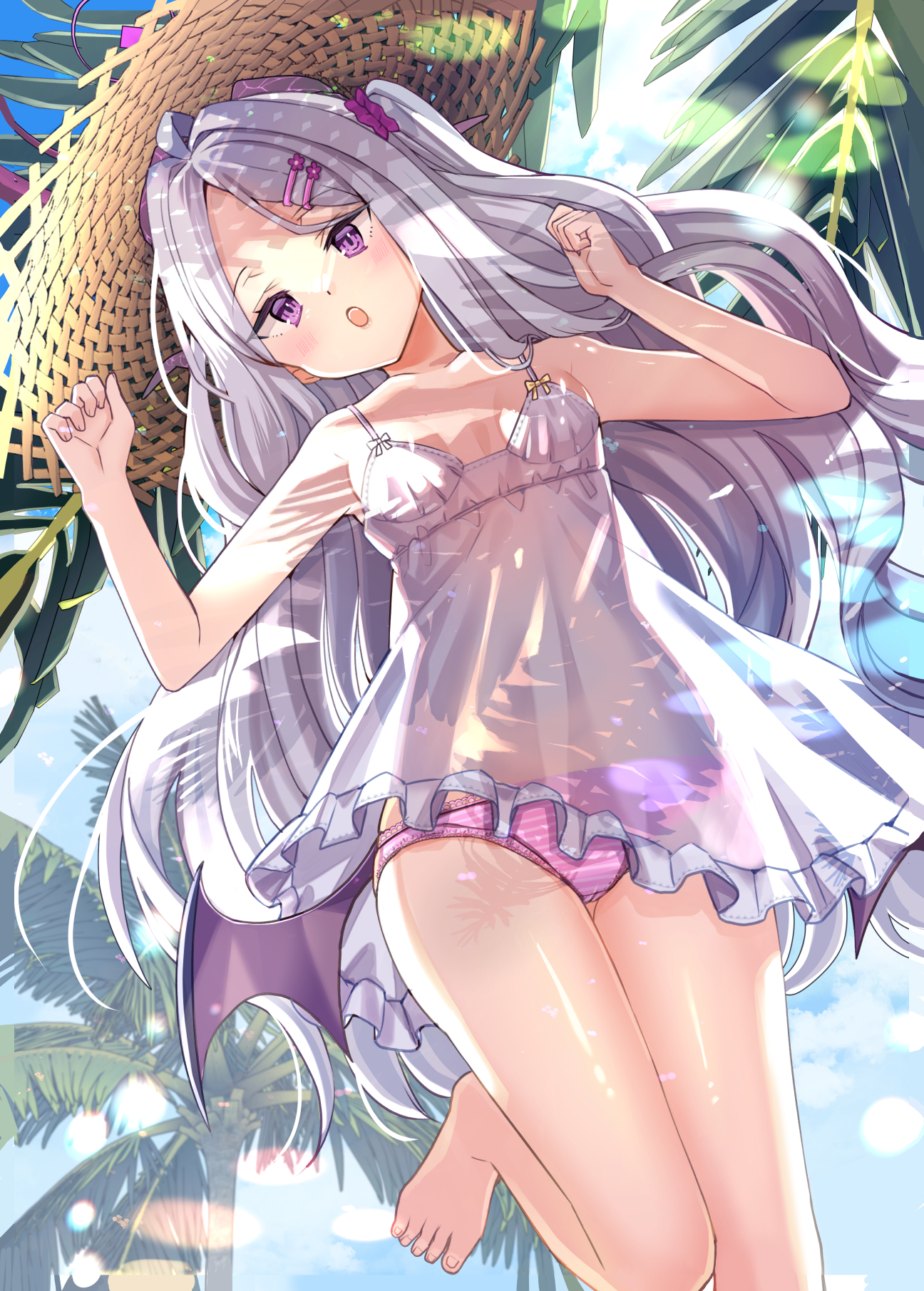 jin young-in, hina (blue archive), blue archive, commentary request, highres, 1girl, :d, ahoge, alternate costume, armpits, ass, bare legs, bare shoulders, barefoot, black halo, blue sky, blurry, blush, breasts, cameltoe, cloud, cloudy sky, collarbone, cowboy shot, demon girl, demon horns, demon wings, depth of field, dot nose, dress, feet up, forehead, frilled dress, frills, from below, hair ornament, hair over shoulder, hairclip, halo, hands up, hat, horns, loli, long hair, looking at viewer, low wings, multiple horns, official alternate hairstyle, one side up, open mouth, outdoors, palm tree, panties, parted bangs, pink panties, purple eyes, scrunchie, see-through clothes, see-through dress, side ponytail, sidelocks, sky, small breasts, smile, solo, spaghetti strap, standing, standing on one leg, straw hat, striped clothes, striped panties, summer, sun hat, sundress, sunlight, teeth, thigh gap, toenails, toes, tree, underwear, upper teeth only, very long hair, wavy hair, white dress, white hair, wings