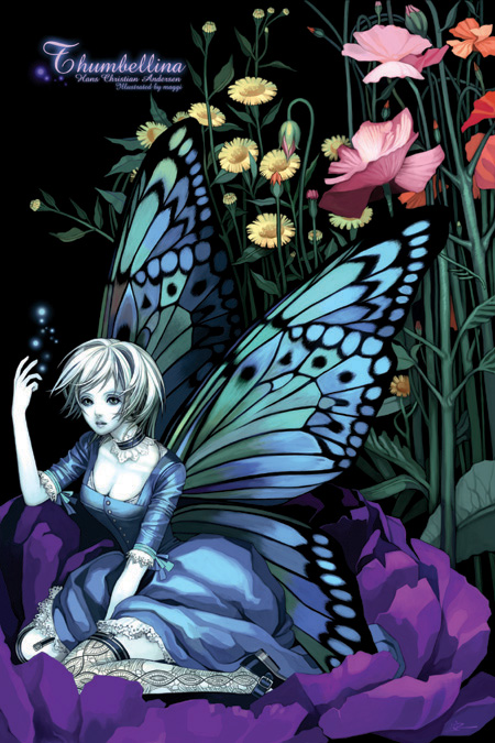 maggi, thumbellina, 1girl, blonde hair, blue wings, breasts, bug, butterfly, butterfly wings, cleavage, dress, fairy, female focus, flower, insect, insect wings, large breasts, mini person, minigirl, on flower, short hair, solo, sparkle, thighhighs, wings