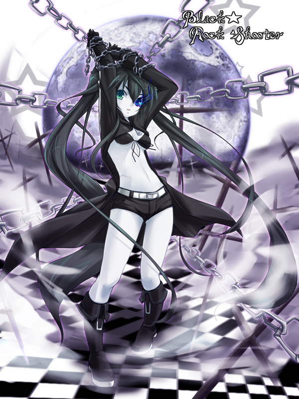 yukinon, yukinon (tsuki koubou), black rock shooter (character), black rock shooter, 10s, 1girl, arms up, bdsm, belt, bikini, bikini top only, black hair, bondage, boots, bound, chain, checkered floor, cross, denim, denim shorts, female focus, fog, front-tie top, gloves, glowing, glowing eyes, heterochromia, hood, jacket, knee boots, long hair, midriff, moon, pale skin, scar, shoes, short shorts, shorts, solo, standing, star (symbol), swimsuit, twintails, uneven twintails, very long hair