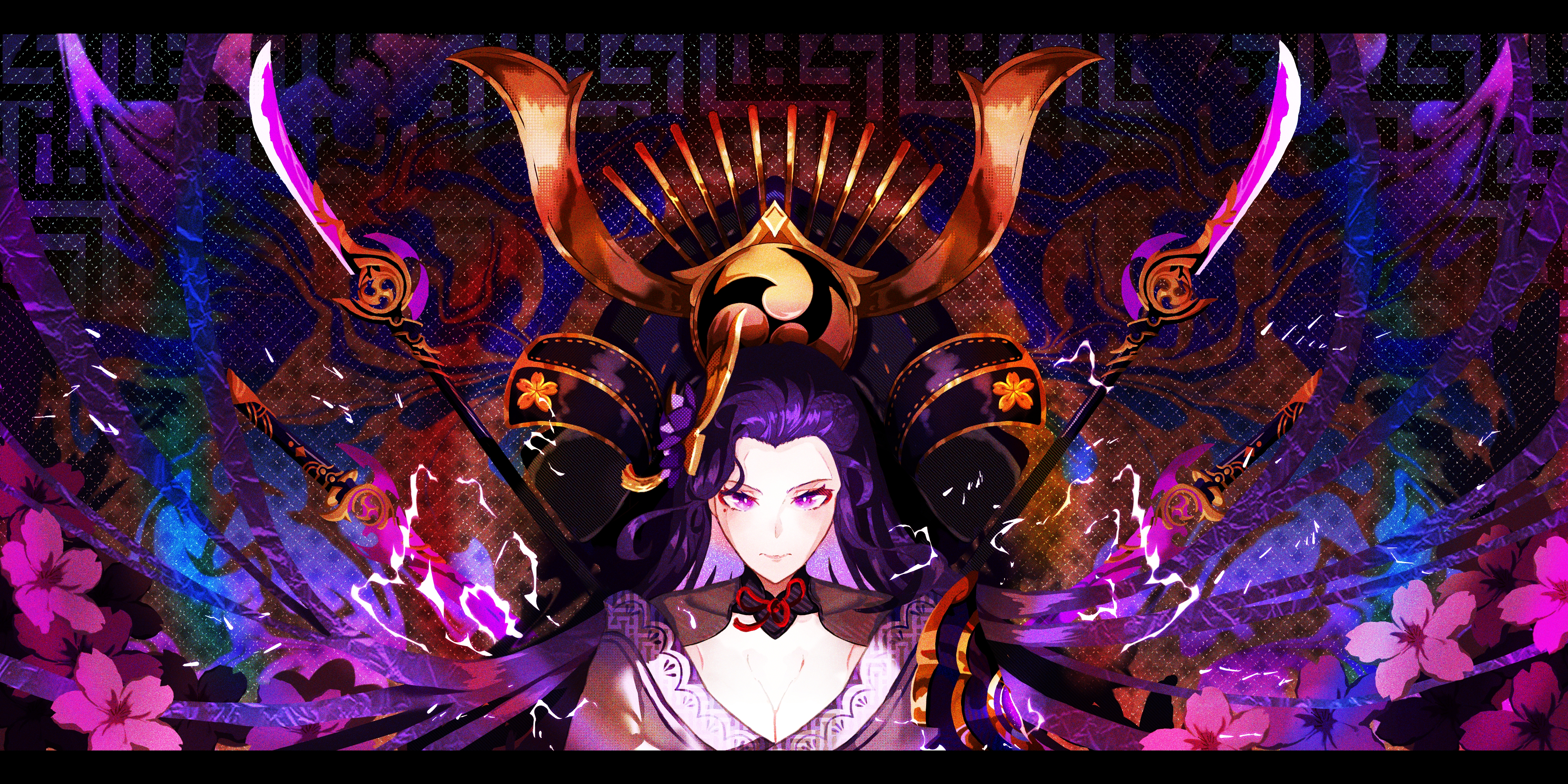 krmpuris, raiden shogun, genshin impact, absurdres, commentary, english commentary, highres, 1girl, abstract background, alternate costume, alternate hairstyle, alternate universe, armor, breasts, bridal gauntlets, cleavage, closed mouth, covered collarbone, electricity, engulfing lightning (genshin impact), floating hair, floral background, gradient hair, hair floating upwards, hair ornament, hair slicked back, huge breasts, japanese clothes, kimono, long hair, looking at viewer, mitsudomoe (shape), mole, mole under eye, multicolored hair, neck ribbon, off shoulder, pink lips, polearm, purple eyes, purple hair, purple kimono, red ribbon, ribbon, shoulder armor, solo, standing, tomoe (symbol), upper body, weapon