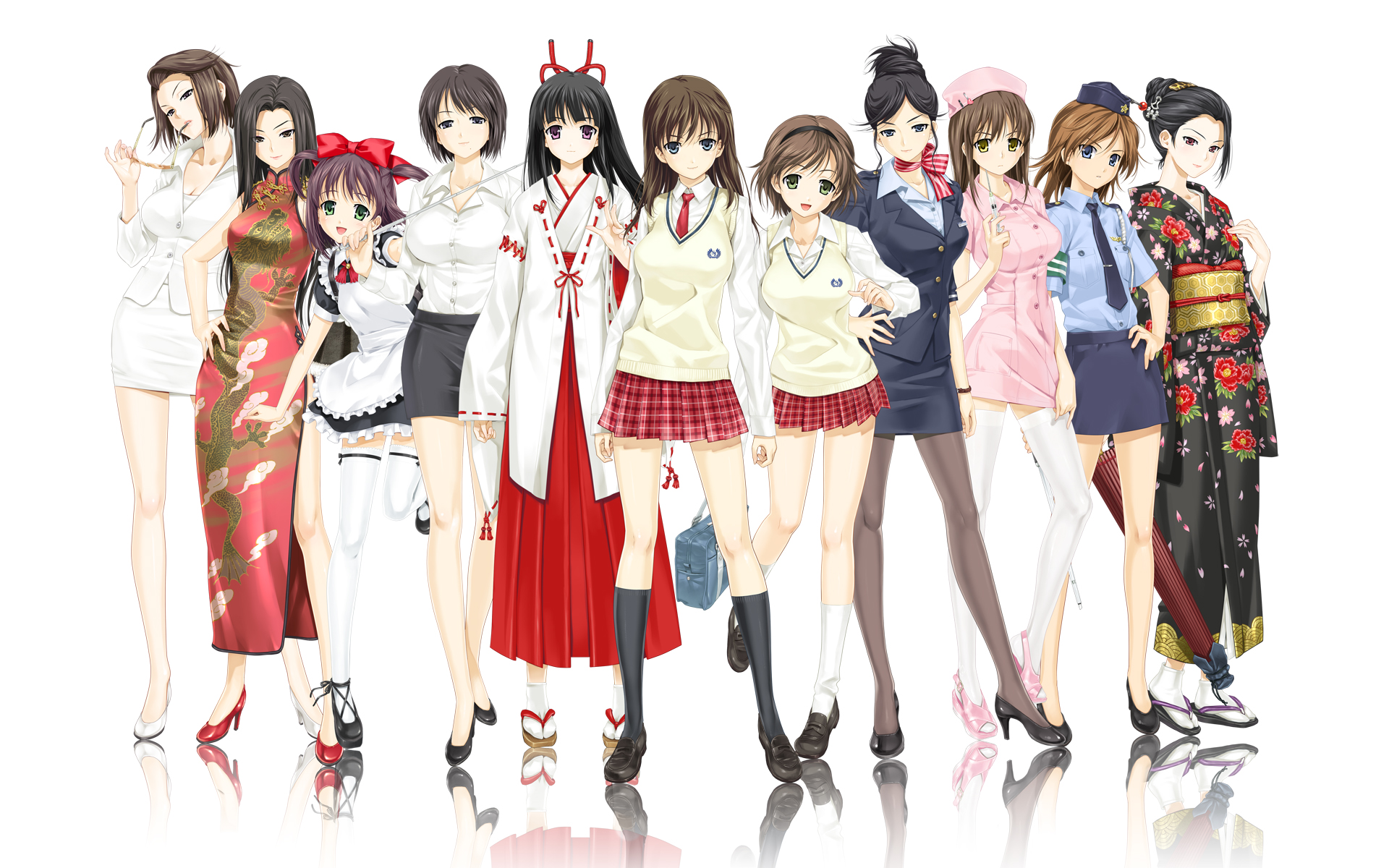 happoubi jin, daimonji emi, daimonji saki, daimonji yu, getsurei ryu, hayakawa izumi, hiroishi rin, honma natsume, iseshima aya, kakisaki rei, kazuki miko, suma azusa, zettai shougeki, white legwear, highres, non-web source, 00s, 6+girls, black eyes, black hair, black socks, blue eyes, brown hair, china dress, chinese clothes, doctor, dress, everyone, flight attendant, glasses, green eyes, hexagon, high heels, japanese clothes, kimono, kneehighs, legs, long hair, maid, miko, miniskirt, multiple girls, necktie, nurse, pantyhose, pencil skirt, pink eyes, plaid clothes, plaid skirt, pleated skirt, police, police uniform, policewoman, purple hair, red eyes, reflection, school uniform, seigaiha, shoes, short hair, side slit, skirt, skirt tug, socks, teacher, teacher and student, thighhighs, travel attendant, yellow eyes, zettai ryouiki