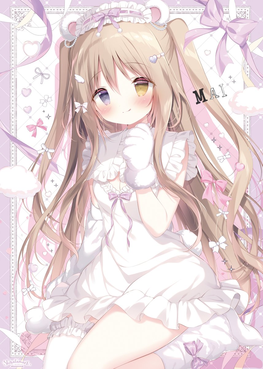 shiratama (shiratamaco), original, commentary, highres, symbol-only commentary, 1girl, :q, animal ears, animal hands, bear ears, blush, breasts, brown eyes, brown hair, cleavage, closed mouth, dress, frilled hairband, frills, fur-trimmed gloves, fur trim, gloves, grey eyes, hairband, hand up, heterochromia, high heels, long hair, loose socks, medium breasts, paw gloves, ribbon-trimmed hairband, shoes, smile, socks, solo, tongue, tongue out, two side up, very long hair, white background, white dress, white gloves, white hairband, white shoes, white socks