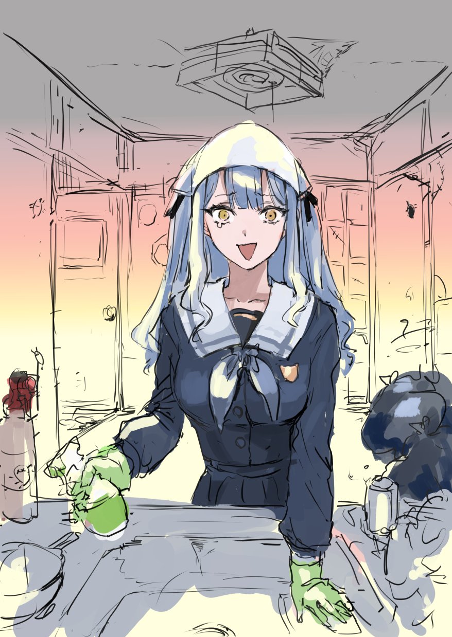 osakana (denpa yun'yun), togawa sakiko, bang dream!, bang dream! it's mygo!!!!!, commentary request, highres, unfinished, 1girl, blue hair, blue shirt, bottle, breasts, ceiling light, cleaning, feet out of frame, furrowed brow, gloves, green gloves, grey neckerchief, holding, holding bottle, house, indoors, large breasts, long hair, long sleeves, looking at viewer, neckerchief, open mouth, rubber gloves, sailor collar, school uniform, serafuku, shirt, sink, smile, solo, spray bottle, standing, tearing up, tenugui, trash bag, tsukinomori school uniform, two side up, white sailor collar, yellow eyes