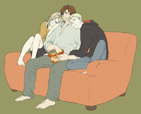 big boss, eva (metal gear), revolver ocelot, metal gear (series), metal gear solid 3: snake eater, 1girl, 2boys, barefoot, couch, eating, flat color, food, multiple boys, popcorn