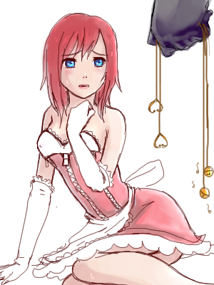 kairi (shery rakuura), kingdom hearts, lowres, 1girl, bdsm, bell, blue eyes, dress, elbow gloves, female focus, gloves, maid, nipple clamps, nipples, red hair, sitting, solo, white background, you gonna get raped