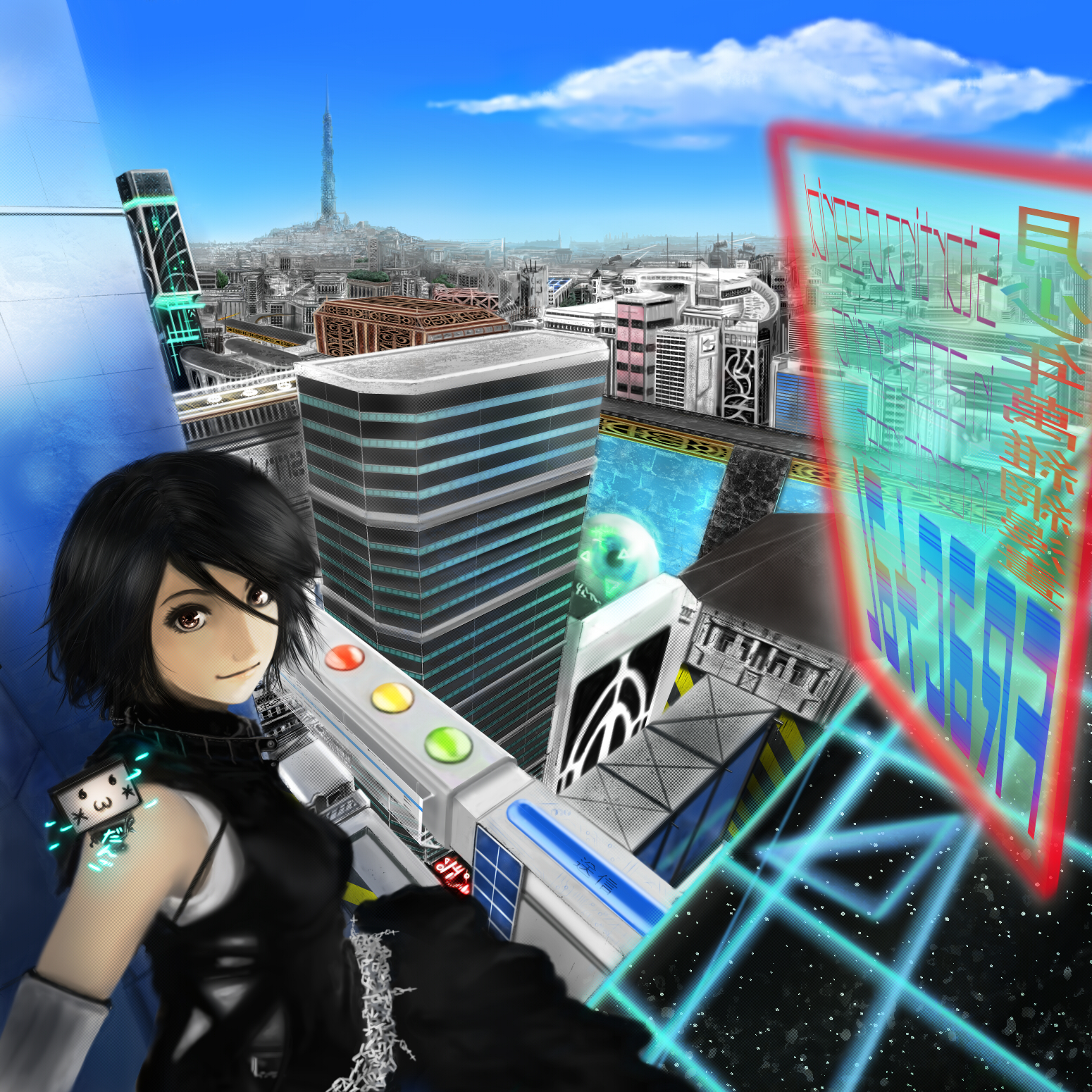 aoki tsubame, bad id, bad pixiv id, highres, 1girl, :3, black hair, brown eyes, city, day, female focus, megastructure, scenery, sky, solo, tower