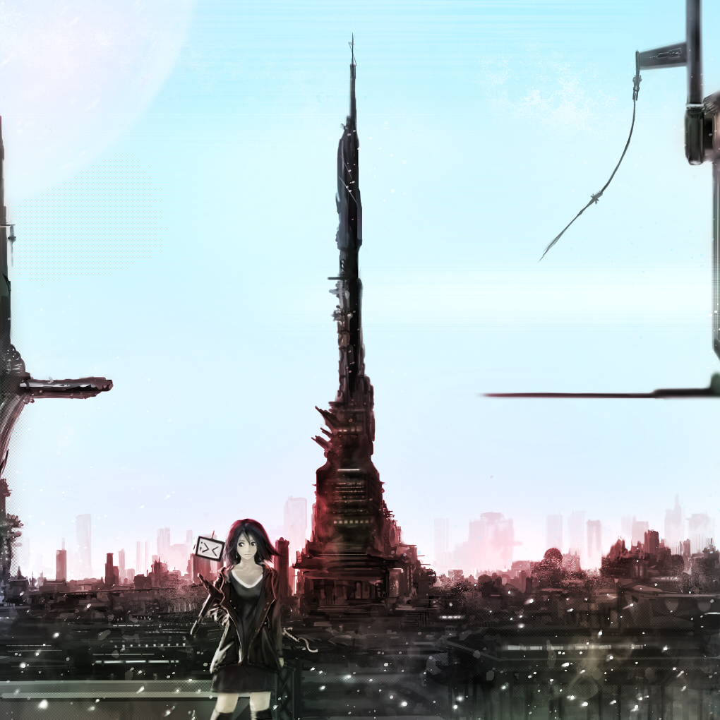 aoki tsubame, bad id, bad pixiv id, black eyes, black hair, city, cityscape, moon, skirt, sky, solo, tower