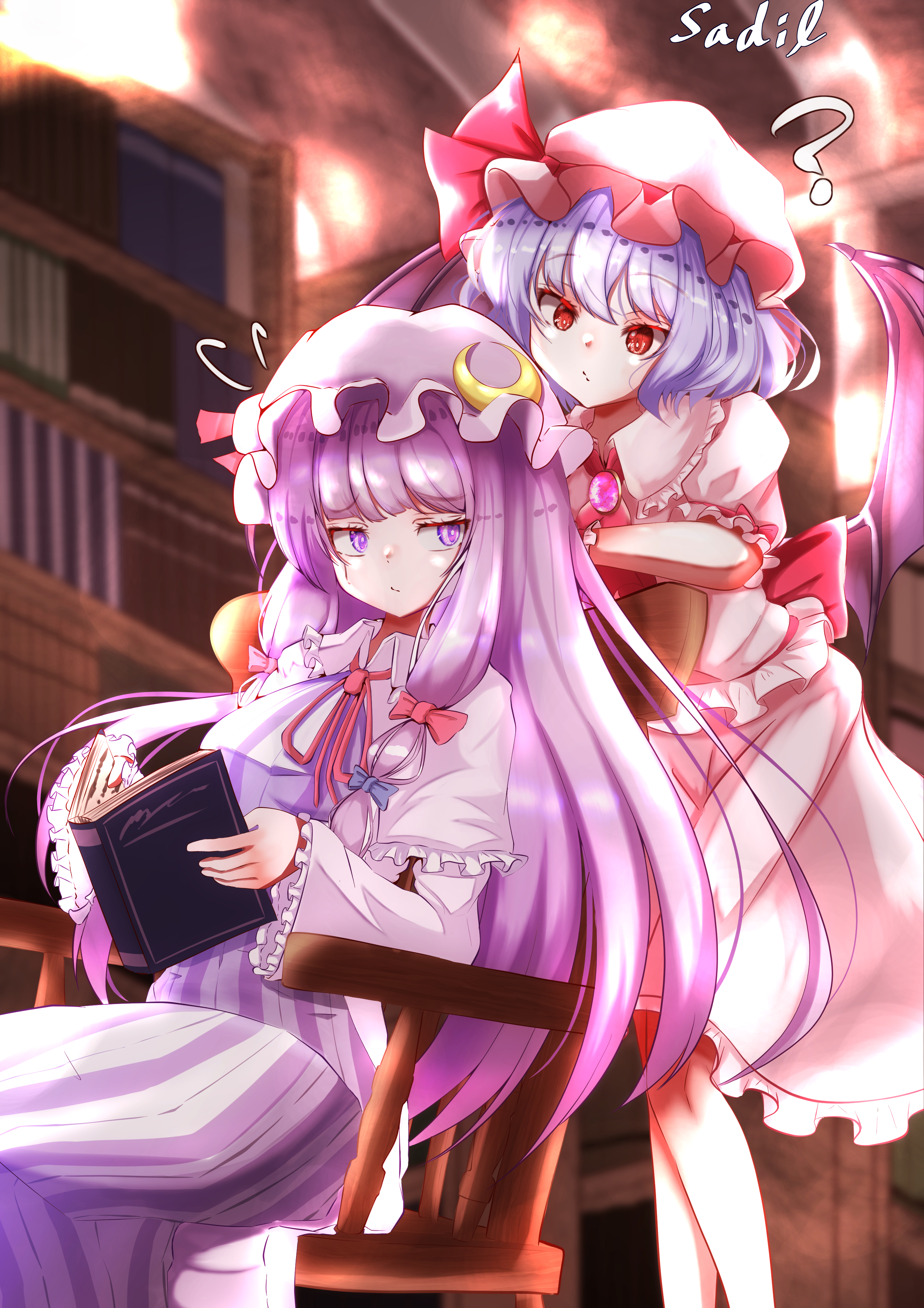 sadil, patchouli knowledge, remilia scarlet, touhou, absurdres, commentary, highres, 2girls, :/, ?, artist name, ascot, back bow, bat wings, blue bow, blue hair, book, bookshelf, bow, brooch, chair, crescent, crescent hat ornament, dress, feet out of frame, flying sweatdrops, frilled sleeves, frills, hair bow, hat, hat ornament, hat ribbon, holding, holding book, indoors, jewelry, leaning on object, library, long hair, looking at another, multiple girls, neck ribbon, on chair, pink hat, purple eyes, purple hair, red ascot, red bow, red eyes, red ribbon, ribbon, robe, shirt, short hair, sidelocks, sideways glance, sitting, skirt, standing, straight hair, striped clothes, striped dress, two-tone dress, vertical-striped clothes, vertical-striped dress, very long hair, white robe, white shirt, white skirt, wings