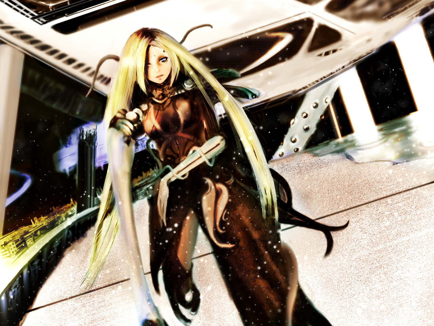 aoki tsubame, bad id, bad pixiv id, blonde hair, blue eyes, bodysuit, long hair, solo, space, star (symbol)