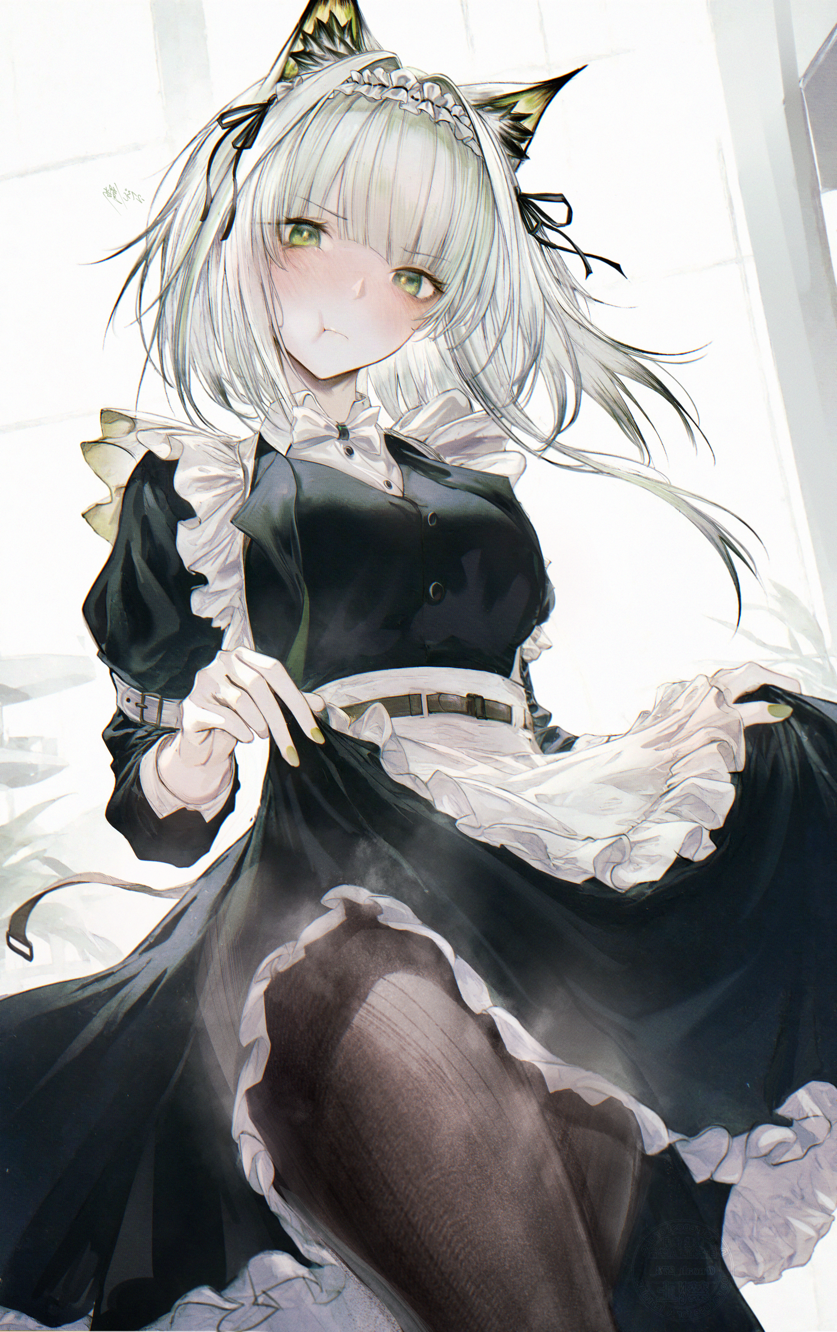 renoahh, kal'tsit (arknights), kal'tsit (the remains of time) (arknights), arknights, absurdres, commentary, highres, 1girl, animal ears, apron, arm belt, belt, black pantyhose, black ribbon, bow, bowtie, breasts, cat ears, cat girl, closed mouth, clothes lift, cowboy shot, frilled apron, frilled skirt, frills, green eyes, green hair, green nails, hair ribbon, lifting own clothes, long sleeves, looking at viewer, maid, maid apron, maid headdress, medium breasts, medium hair, official alternate costume, pantyhose, pout, ribbon, skirt, skirt lift, solo, steam, white belt, white bow, white bowtie
