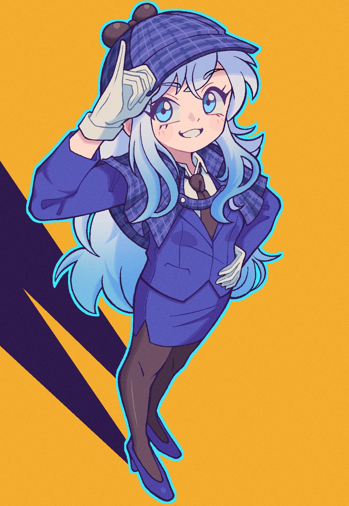 castussan, liana oswald, bluecoat agency, commentary, english commentary, highres, 1girl, adjusting clothes, adjusting headwear, blazer, blue capelet, blue eyes, blue hair, blue hat, blue jacket, blue outline, blue shoes, blue skirt, brown necktie, brown pantyhose, capelet, crossed bangs, deerstalker, from above, gloves, gradient hair, grin, hand on own hip, hat, high heels, jacket, long hair, long sleeves, looking at viewer, multicolored hair, necktie, open mouth, orange background, outline, pantyhose, pencil skirt, pinky out, plaid capelet, plaid clothes, plaid hat, shadow, shirt, shoes, simple background, skirt, smile, solo, swept bangs, white gloves, white hair, white shirt
