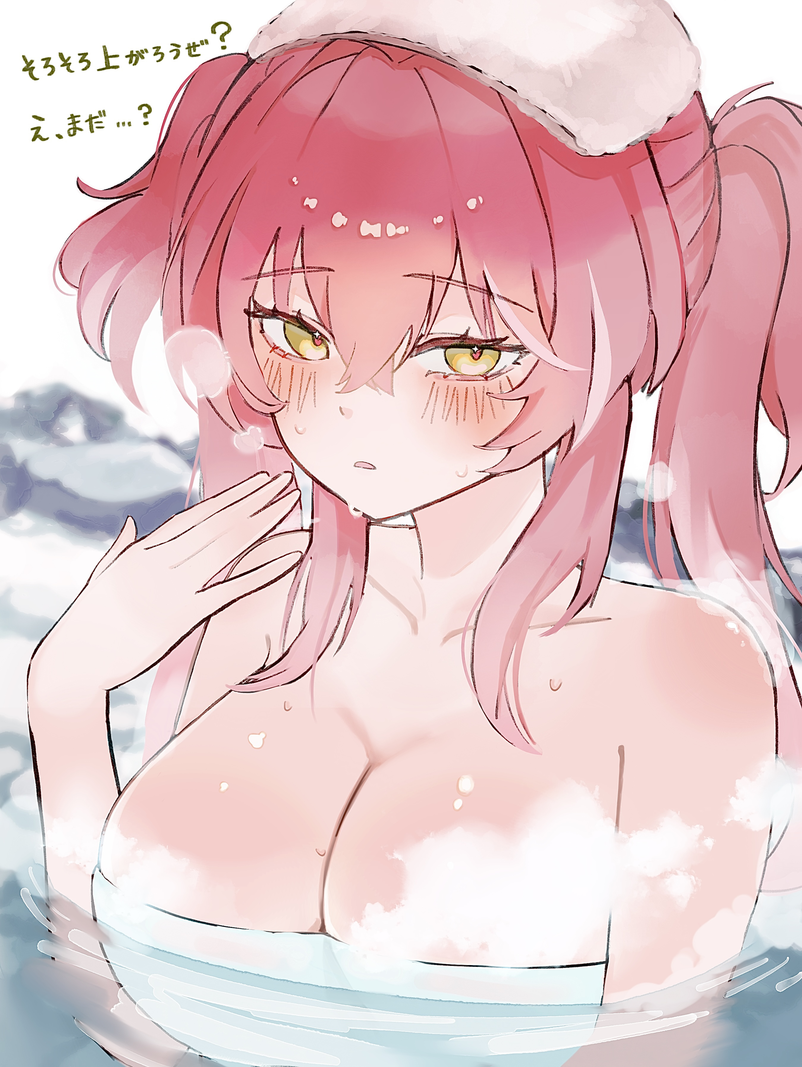 1010 (wuthering1010), lupa (wuthering waves), wuthering waves, absurdres, commentary, highres, translation request, 1girl, blush, breasts, collarbone, hand up, heart, heart in eye, large breasts, long hair, looking at viewer, naked towel, onsen, outdoors, parted lips, partially submerged, pink hair, red pupils, solo, steam, steaming body, symbol in eye, towel, towel on head, twintails, wet, yellow eyes