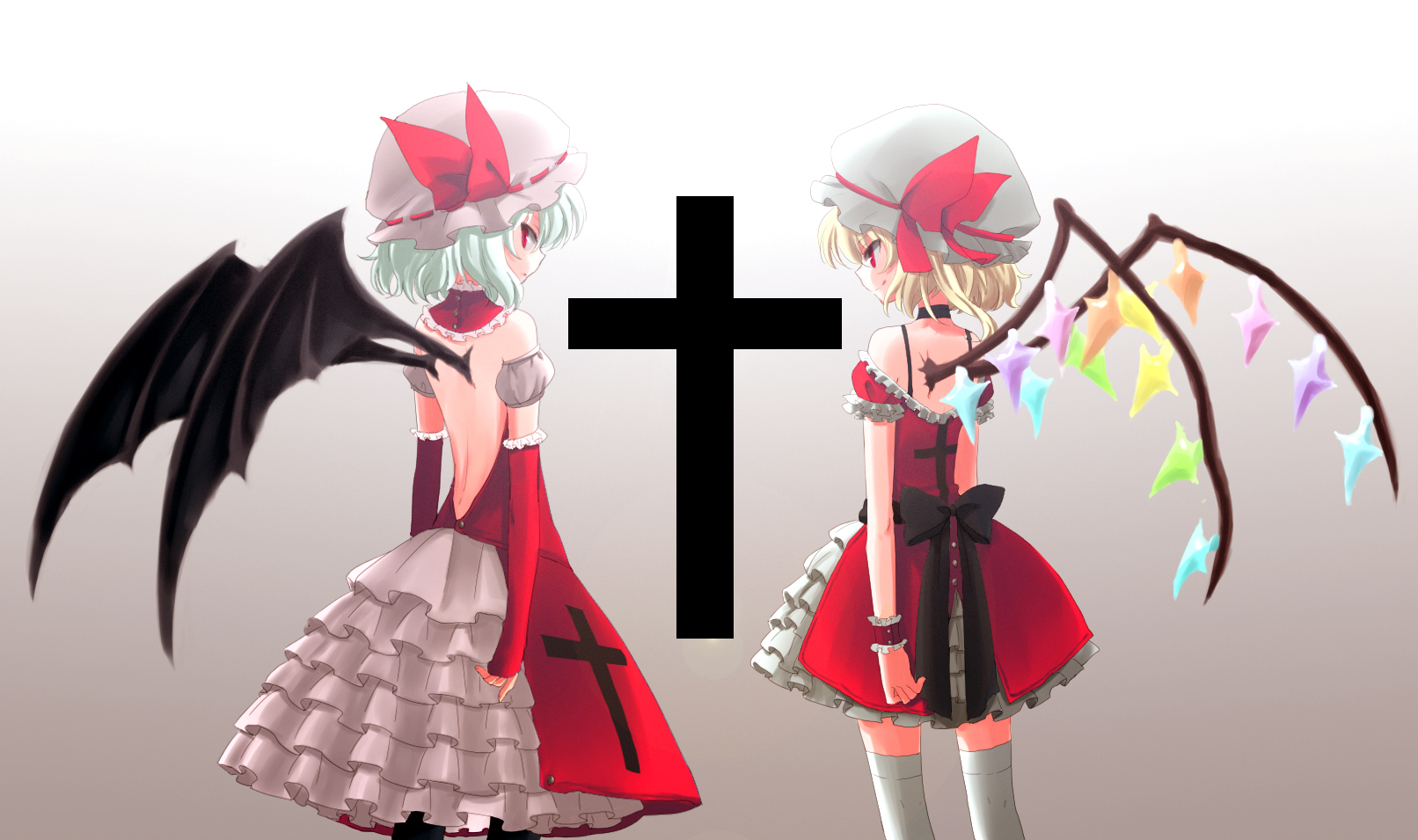 ica, flandre scarlet, remilia scarlet, touhou, bad id, bad pixiv id, highres, 2girls, back, female focus, multiple girls, siblings, sisters