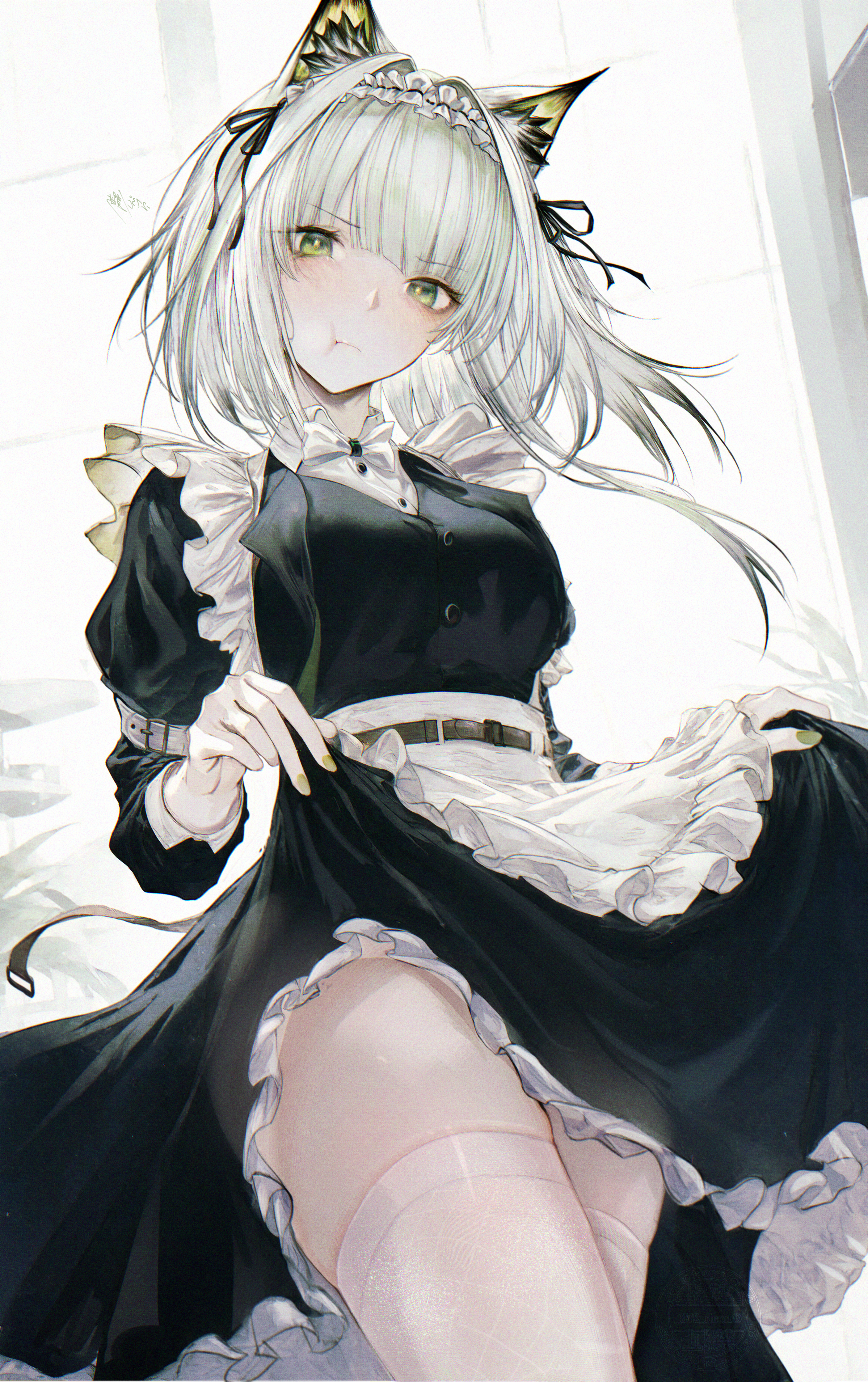 renoahh, kal'tsit (arknights), kal'tsit (the remains of time) (arknights), arknights, absurdres, commentary, highres, 1girl, animal ears, apron, arm belt, belt, black ribbon, bow, bowtie, breasts, cat ears, cat girl, closed mouth, clothes lift, cowboy shot, frilled apron, frilled skirt, frills, green eyes, green hair, green nails, hair ribbon, lifting own clothes, long sleeves, looking at viewer, maid, maid apron, maid headdress, medium breasts, medium hair, official alternate costume, pout, ribbon, skirt, skirt lift, solo, thighhighs, white belt, white bow, white bowtie, white thighhighs