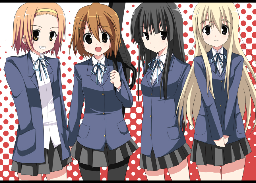 akane souichi, akiyama mio, hirasawa yui, kotobuki tsumugi, tainaka ritsu, k-on!, black legwear, bad id, bad pixiv id, 00s, 4girls, black hair, blazer, blonde hair, blunt bangs, brown eyes, brown hair, grin, guitar case, hair ornament, hairband, hairclip, hands in pockets, hime cut, ho-kago tea time, instrument, instrument case, jacket, letterboxed, long hair, looking at viewer, multiple girls, pantyhose, pocketed hands, polka dot, school uniform, skirt, smile, tomboy, unbuttoned, v arms, yellow eyes