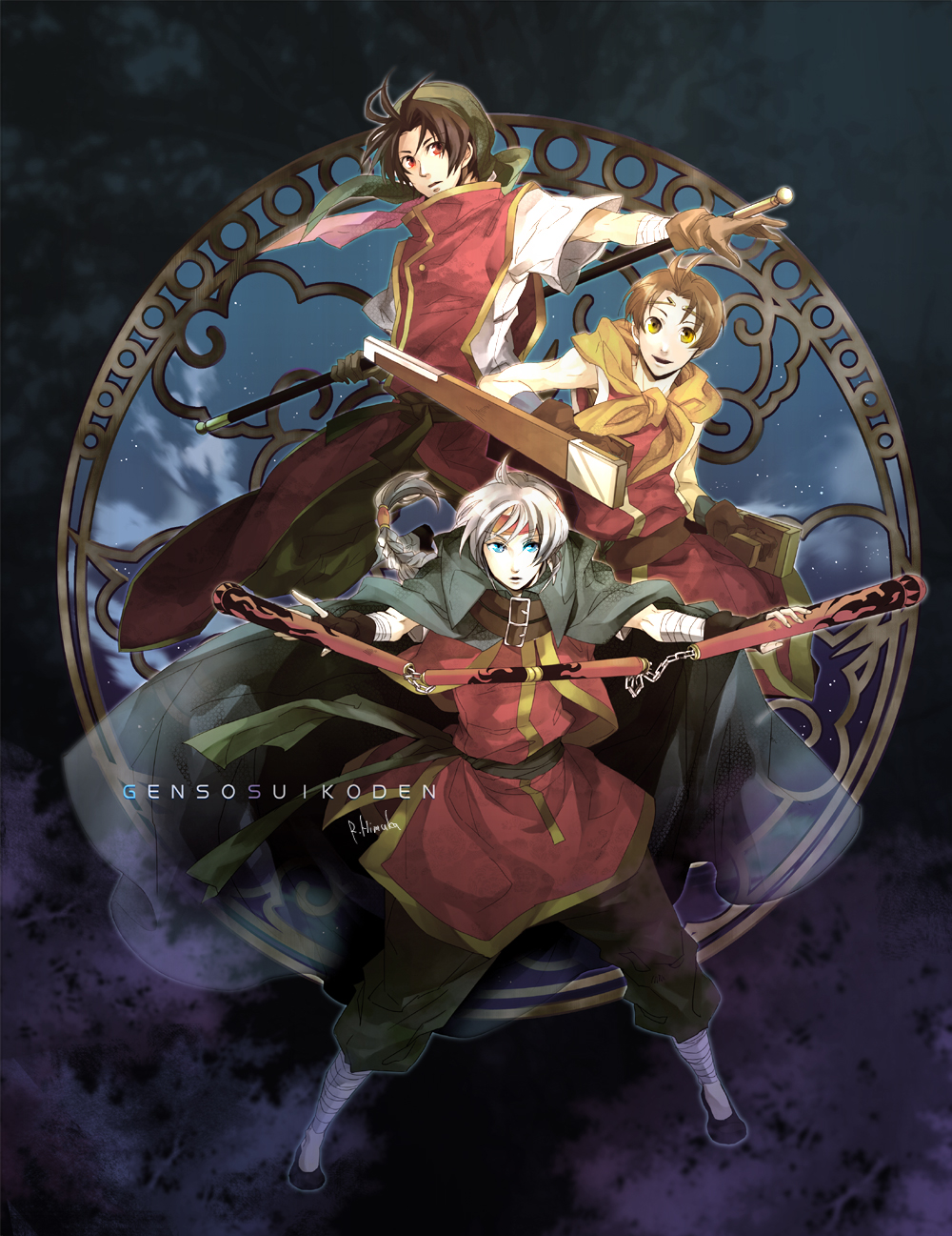 himuka roko, roko (artist), freyjadour falenas, riou (suikoden), tir mcdohl, gensou suikoden, gensou suikoden i, gensou suikoden ii, gensou suikoden v, silver hair, highres, 3boys, bandana, brown hair, cloak, in-franchise crossover, male focus, multiple boys, staff, three section staff, tiara, tonfa, weapon