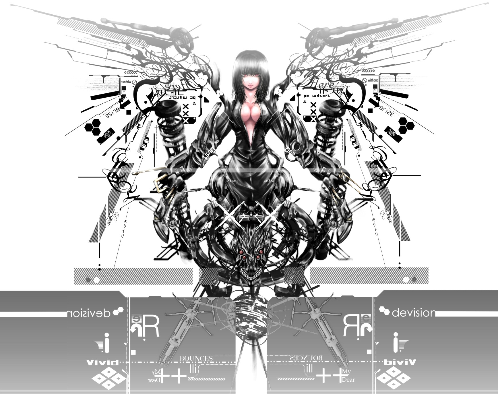 ghastlyconceit, bad id, bad pixiv id, highres, 1girl, black hair, breasts, cleavage, cyborg, female focus, goth fashion, gothic lolita, large breasts, lolita fashion, long hair, red eyes, skull, solo, symmetry, wings