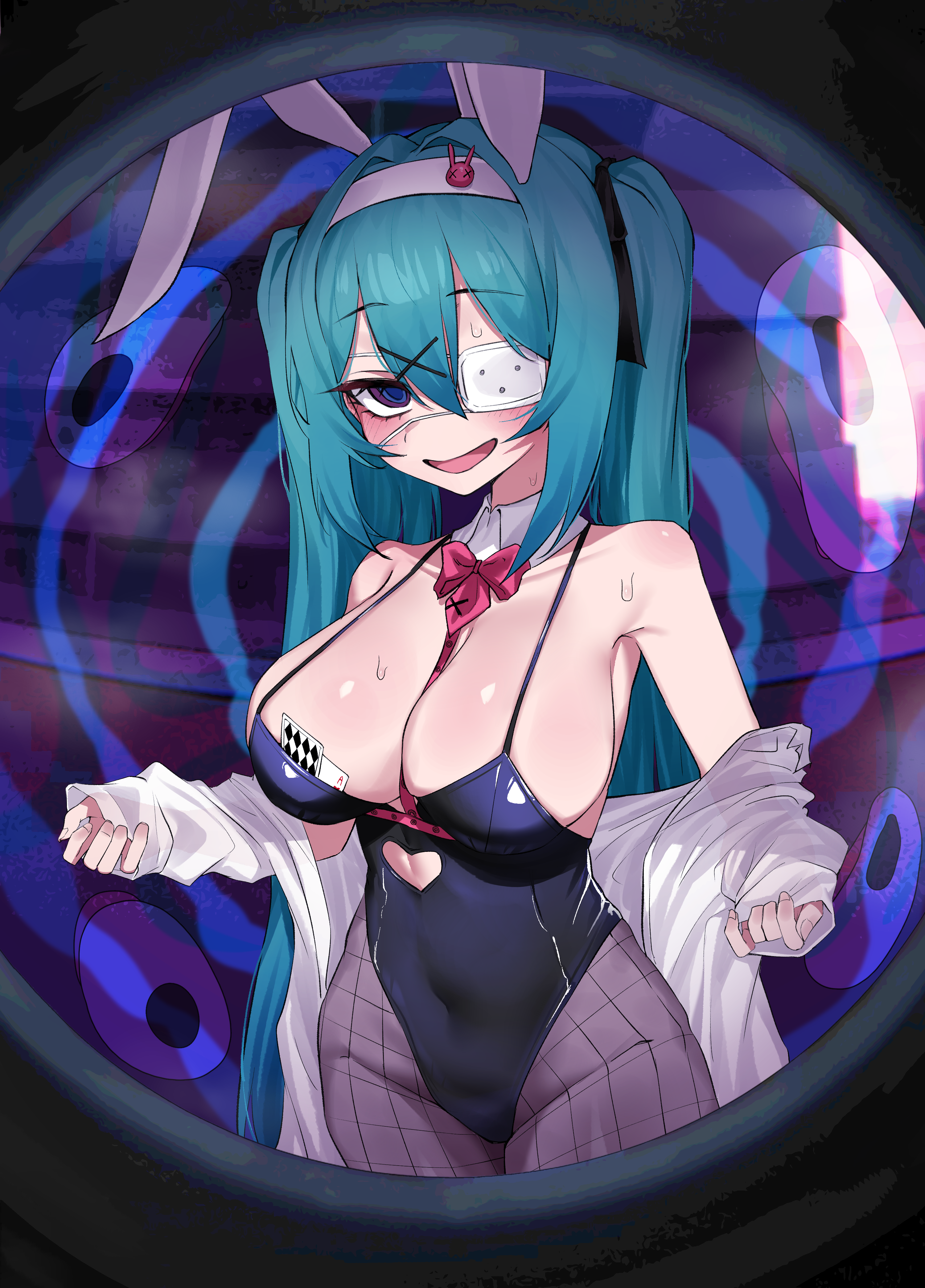 hahyaha, hatsune miku, monitoring (vocaloid), rabbit hole (vocaloid), vocaloid, absurdres, highres, 1girl, @ @, animal ear hairband, animal ears, aqua hair, black leotard, blue eyes, breasts, coat, cowboy shot, disembodied eye, eyepatch, fake animal ears, fishnet pantyhose, fishnets, hairband, jacket, large breasts, leotard, looking at viewer, medical eyepatch, naughty face, necktie, off shoulder, one eye covered, open mouth, pantyhose, playboy bunny, pov peephole, purple eyes, rabbit ear hairband, rabbit ears, red necktie, removing jacket, ringed eyes, short necktie, smile, solo, songover, standing, sweat, twintails, white coat, white jacket