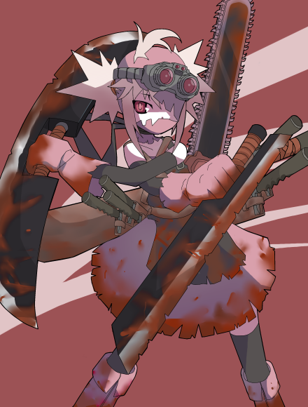 mukai keiichirou, original, 1girl, blood, chainsaw, dress, female focus, knife, red eyes, reverse grip, solo, tonfa, weapon, white hair